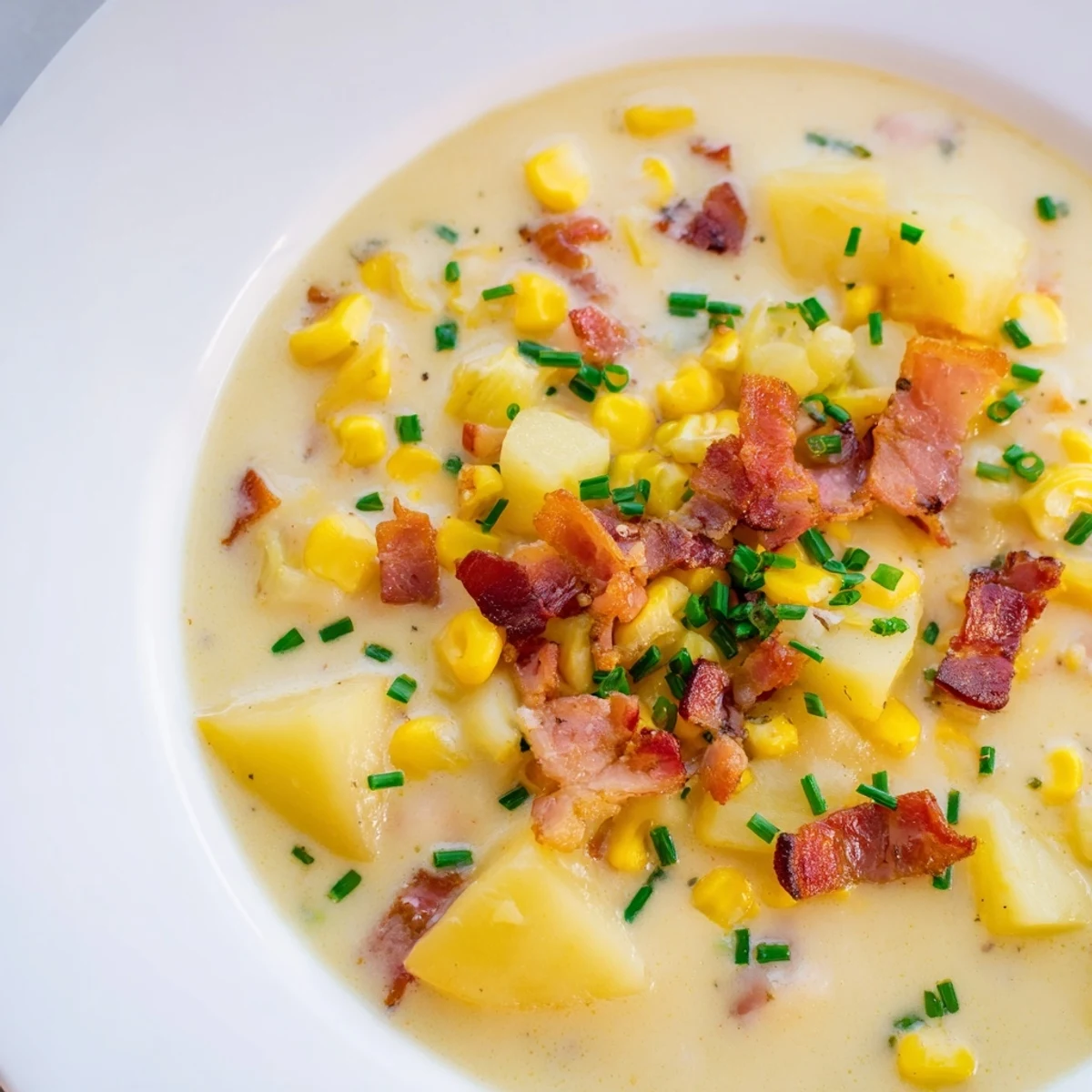 A warm bowl of Creamy Corn Chowder with Turkey Bacon is garnished with fresh chives and black pepper.
