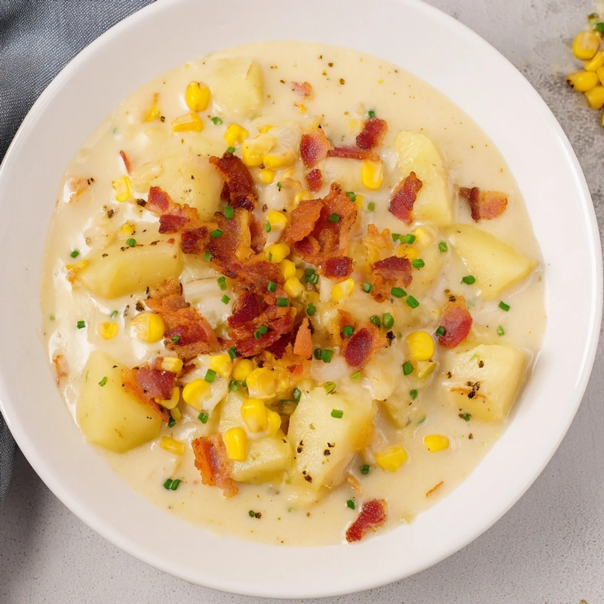 A pot of Creamy Corn Chowder with Turkey Bacon simmers, showcasing golden corn, diced potatoes, and crispy bacon bits.