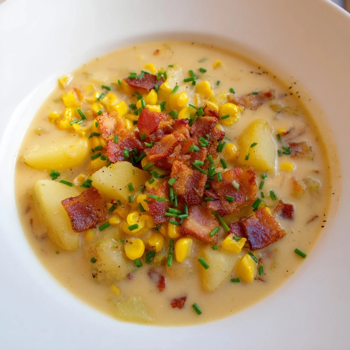 Steam rises from a ladle of Creamy Corn Chowder with Turkey Bacon, served beside a slice of crusty bread.