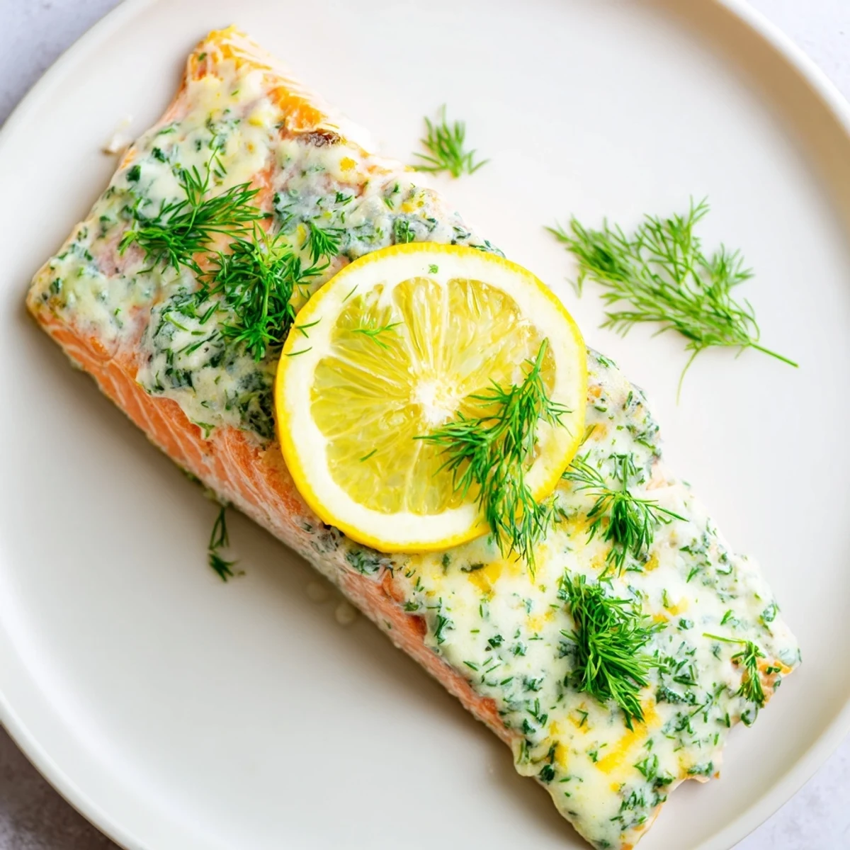 Freshly baked salmon fillets, glistening with lemon dill sauce, served alongside bright lemon slices for a vibrant, zesty dinner.