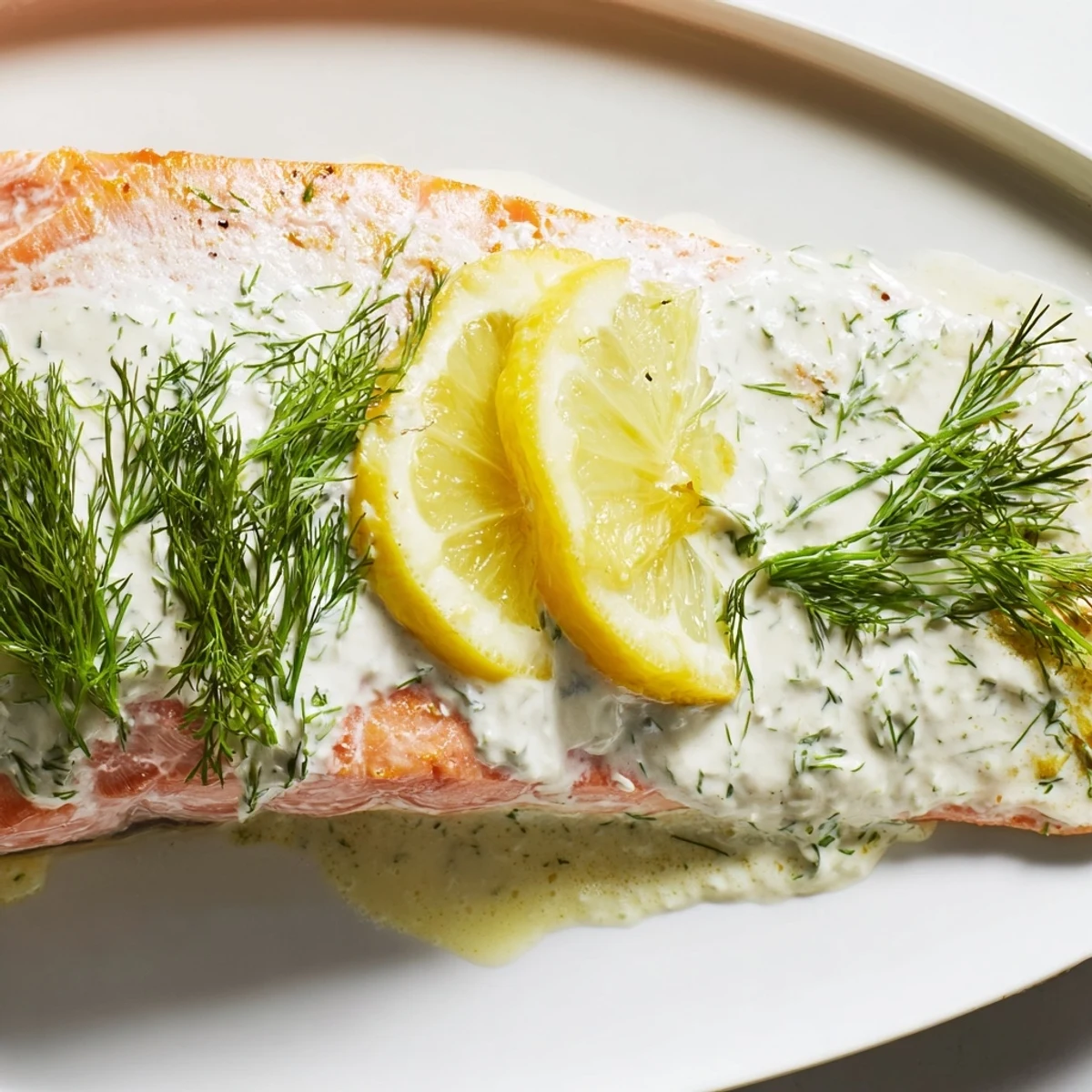 Oven-baked salmon with dill and lemon sauce, garnished with fresh herbs and ready to serve on a clean white plate.