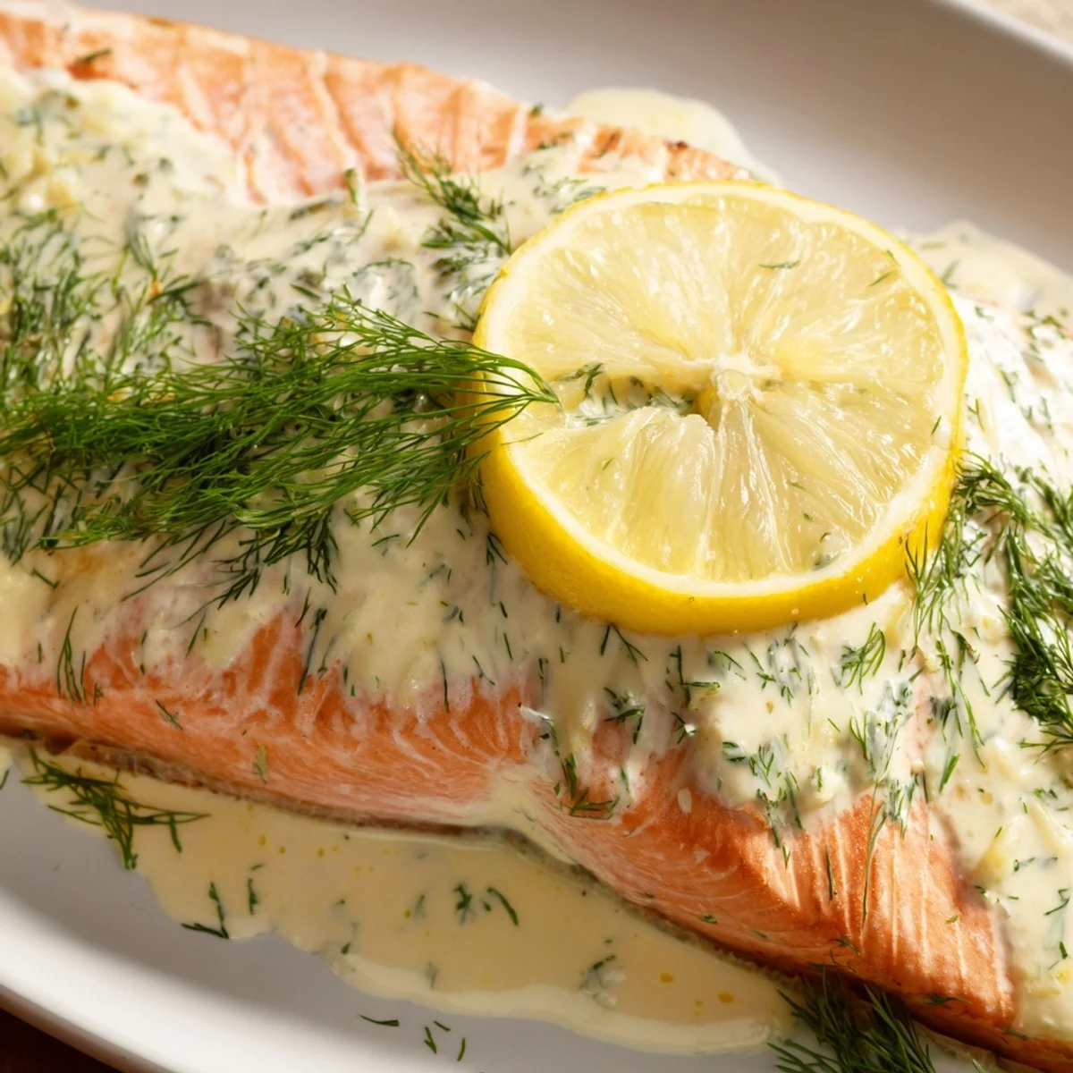 Tender, flaky salmon topped with creamy dill and lemon sauce, paired with roasted potatoes for a complete, satisfying meal.