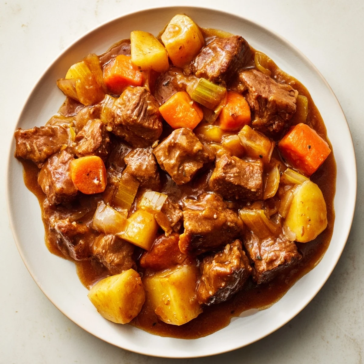 Steaming slow cooker beef stew with root vegetables served in a rustic bowl, with tender chunks of beef and glazed carrots.