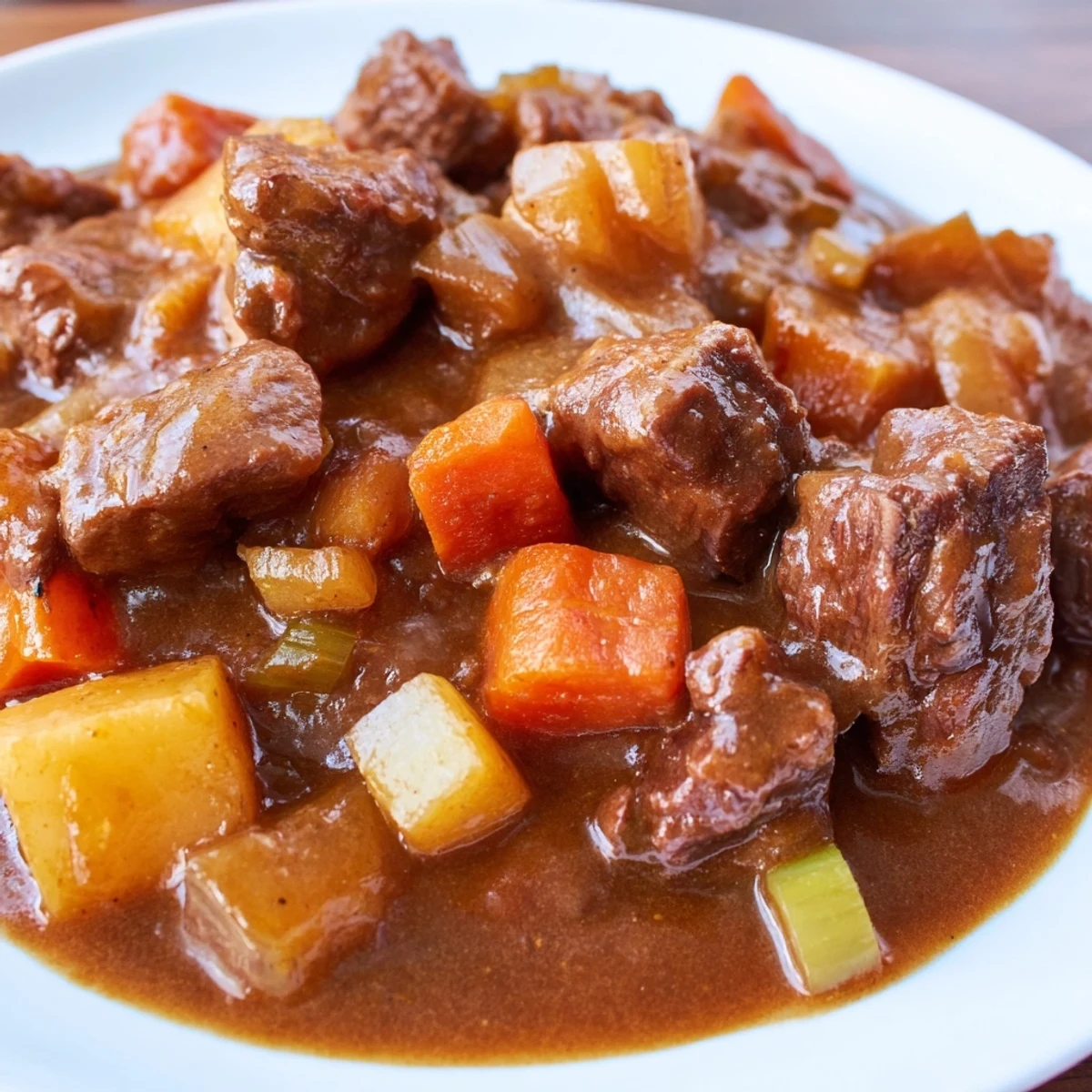 A ladle pours rich broth over potatoes, carrots, and parsnips in a slow cooker beef stew with root vegetables.