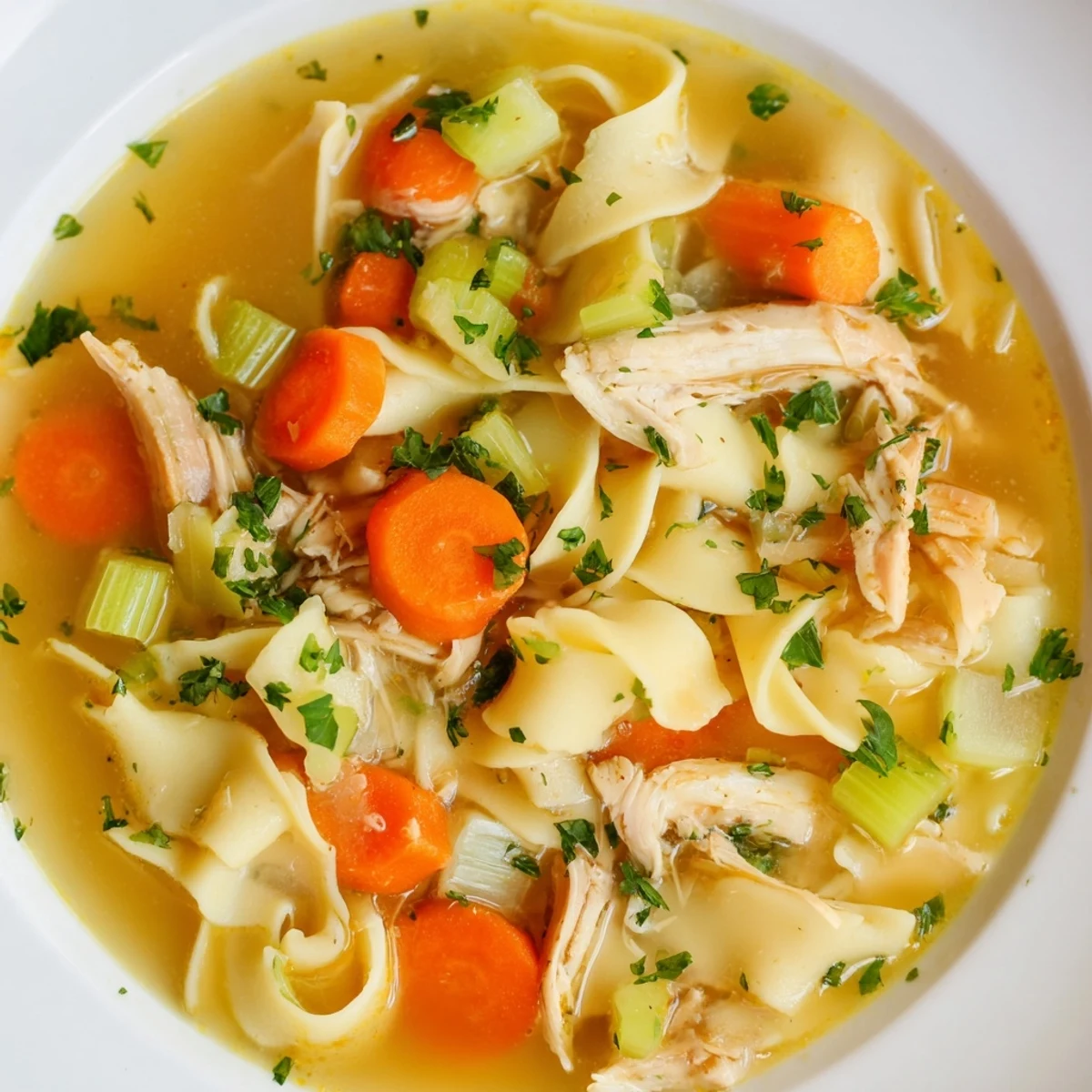 A close-up of golden homemade noodles simmering in a rich chicken broth with tender shredded chicken, diced carrots, and celery for a comforting bowl of Chicken Noodle Soup with Homemade Noodles.  