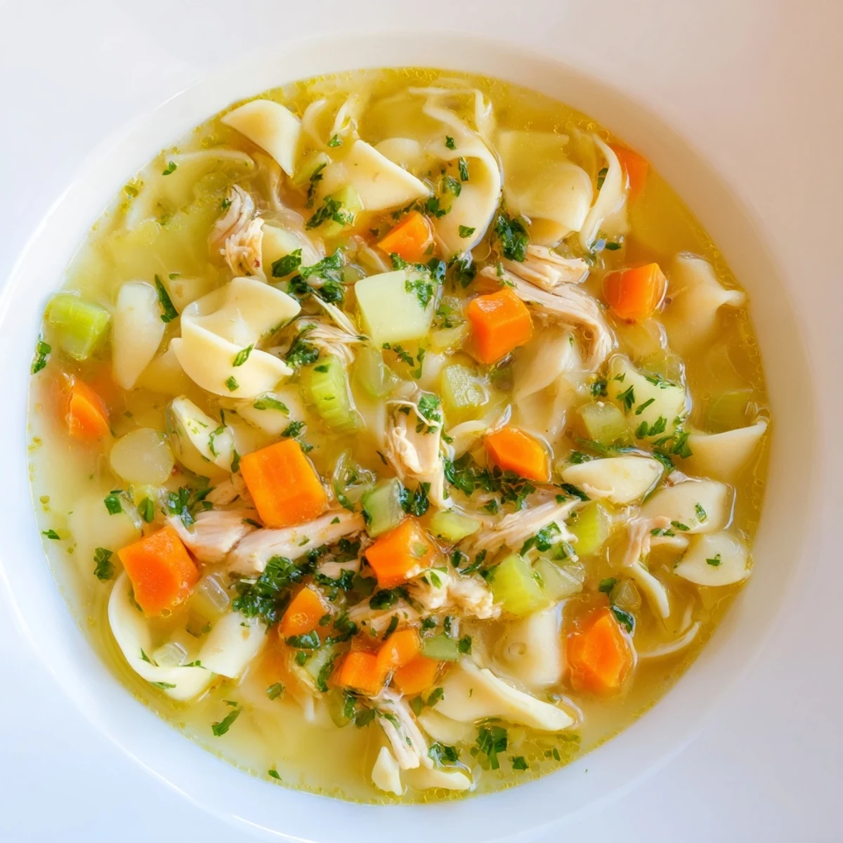 Steam rises from a rustic bowl of Chicken Noodle Soup with Homemade Noodles, highlighting tender chicken pieces and vibrant carrots floating in a flavorful broth.