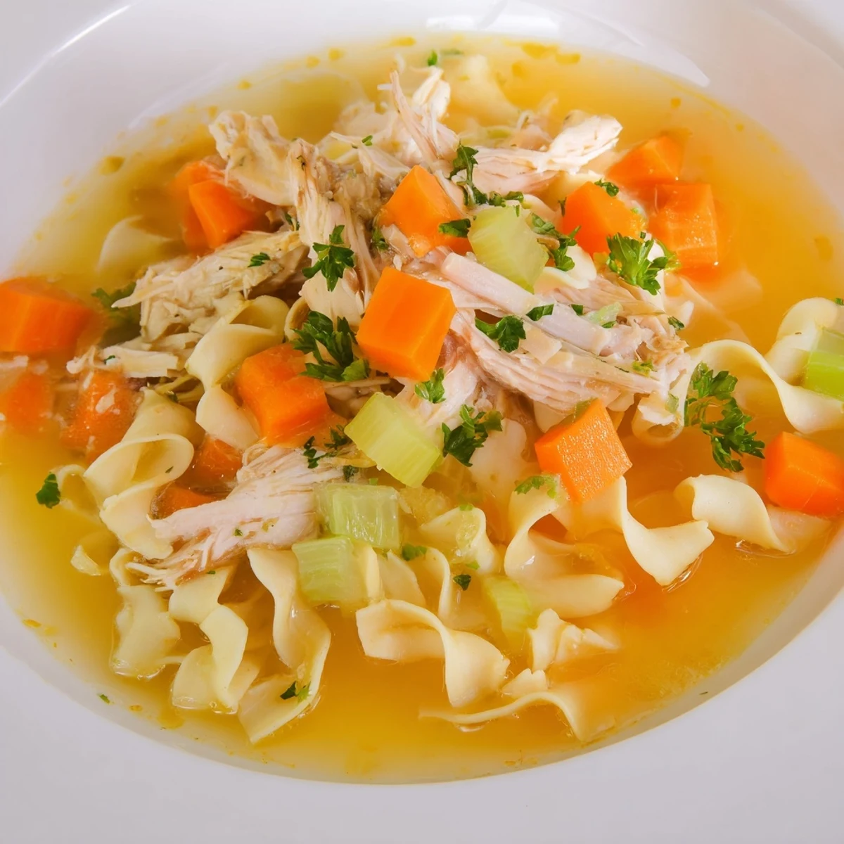 A hearty serving of Chicken Noodle Soup with Homemade Noodles garnished with fresh parsley, featuring silky noodles and chunky vegetables in a clear, savory broth.  