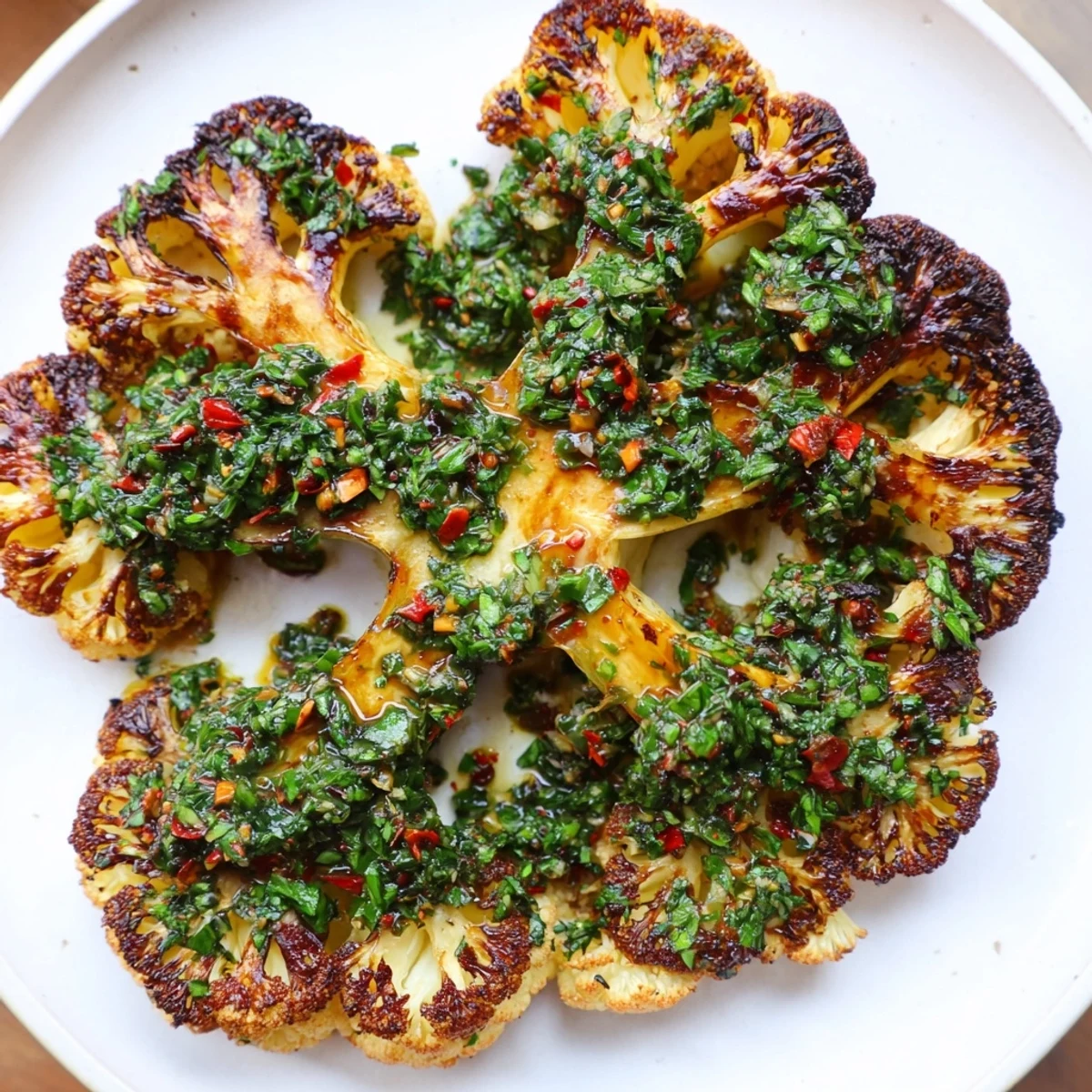 Sizzling Roasted Cauliflower Steaks with Chimichurri fresh from the oven, featuring crispy edges and a colorful, garlicky sauce.