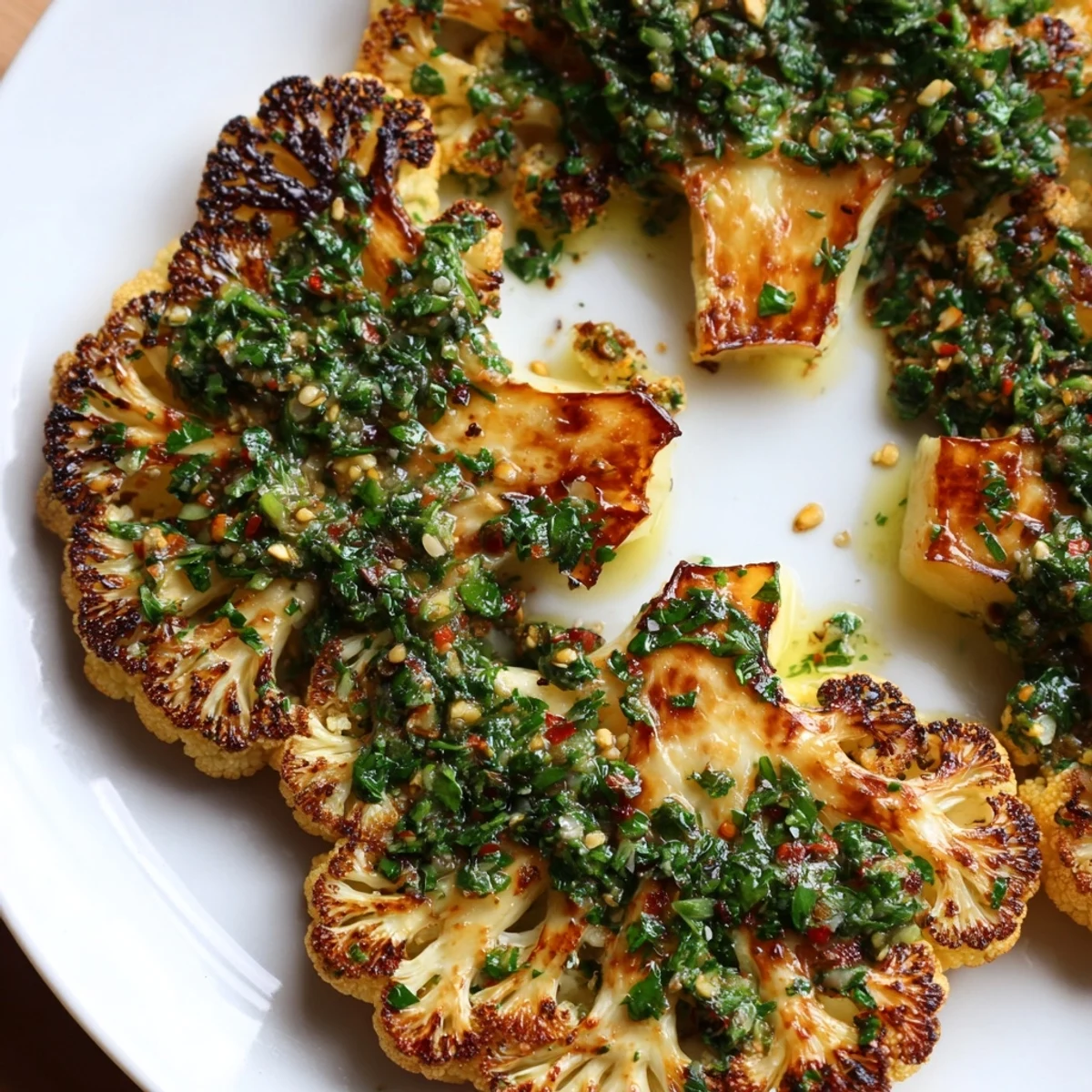 Roasted Cauliflower Steaks with Chimichurri plated beside quinoa, garnished with fresh parsley and a drizzle of olive oil.  