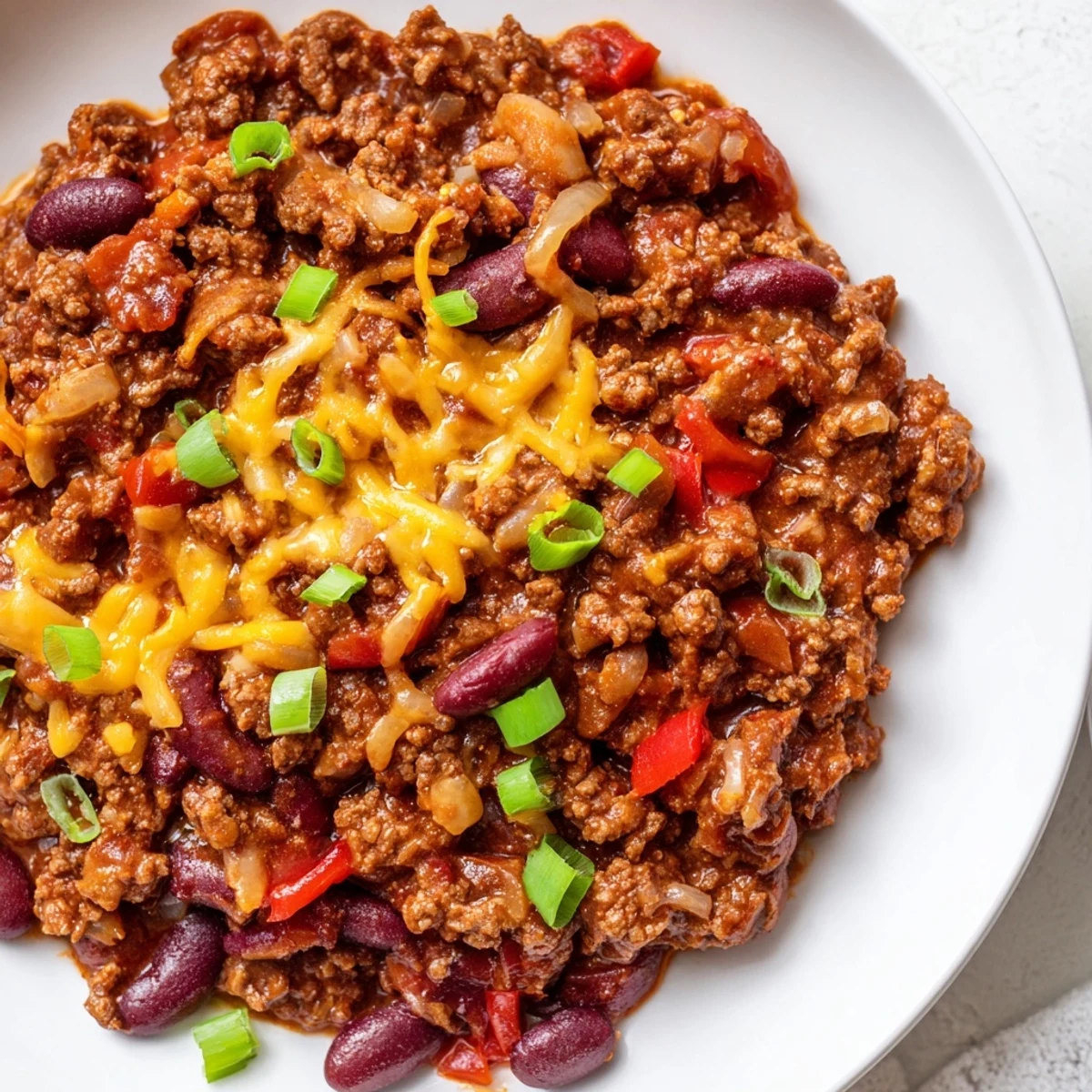 Hearty beef and bean chili simmered with spices, topped with melty cheddar and fresh green onions.