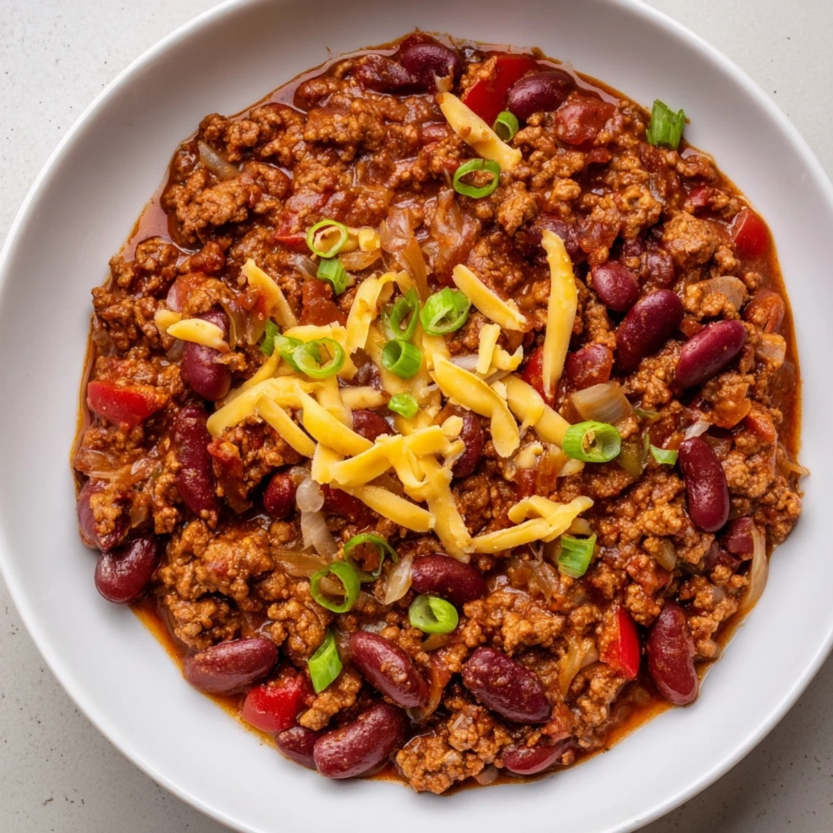 Steaming bowl of hearty beef and bean chili with melted cheddar cheese, ready to serve.