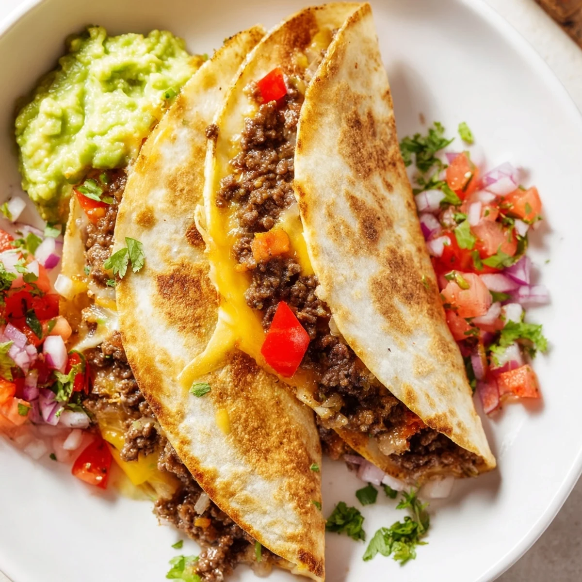 Golden-brown Beef Quesadillas with Salsa and Guacamole are sliced into wedges, revealing seasoned beef and melted cheese.  