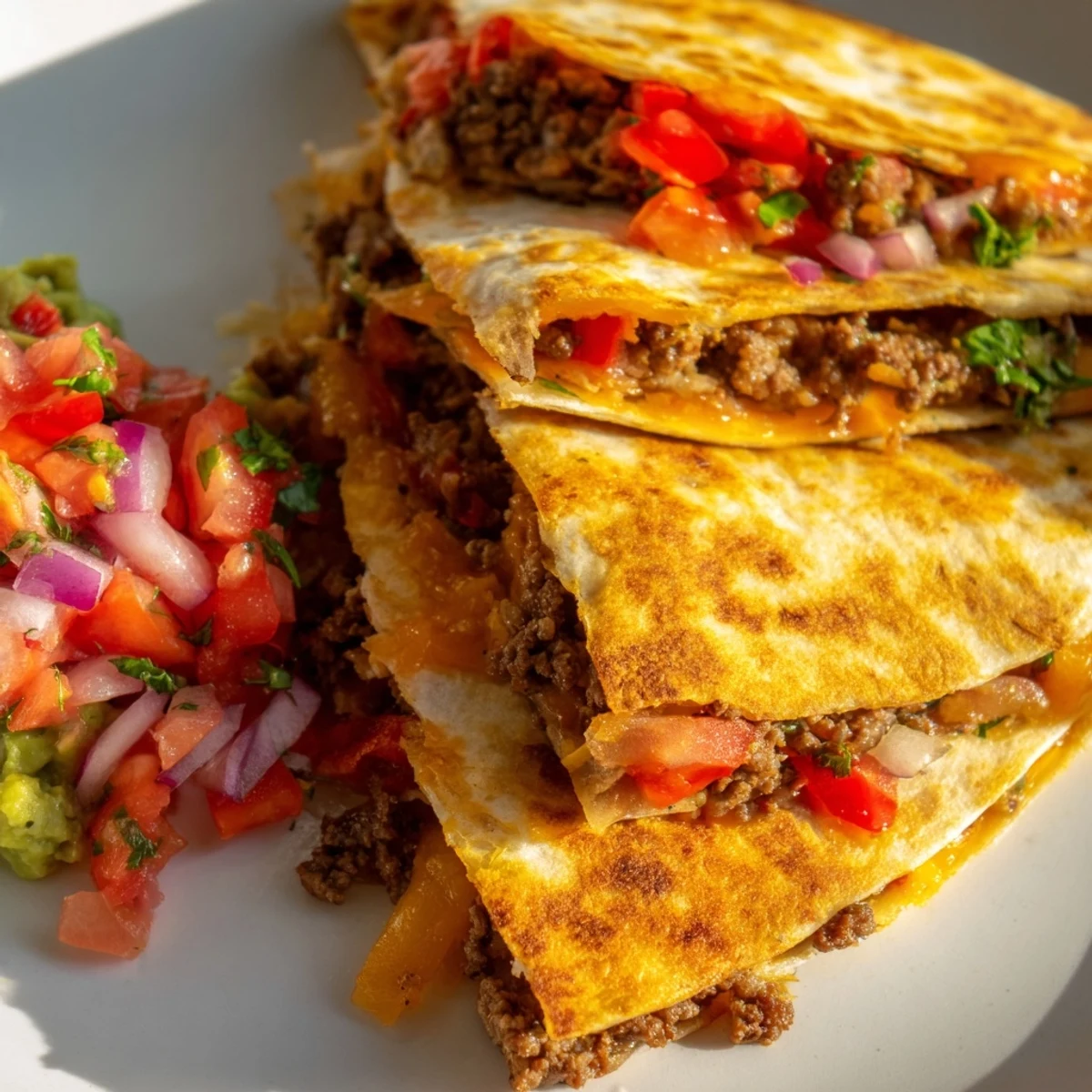 Melted cheese oozes from grilled Beef Quesadillas with Salsa and Guacamole, served hot on a rustic wooden table.