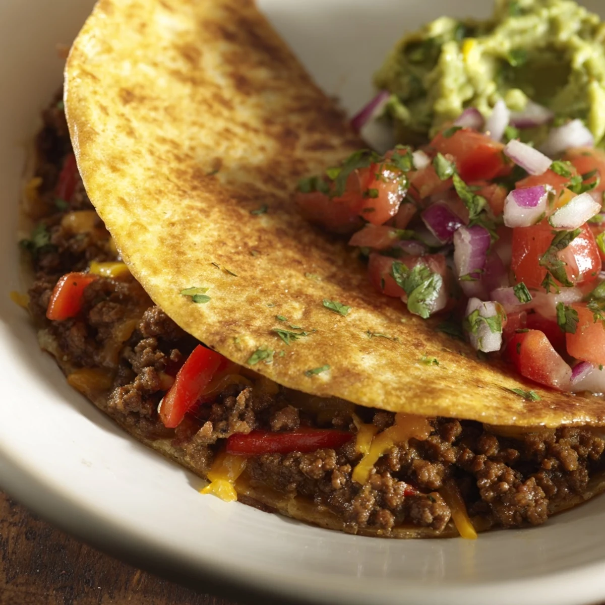 A close-up of Beef Quesadillas with Salsa and Guacamole showcases creamy guacamole and fresh pico de gallo for dipping.  