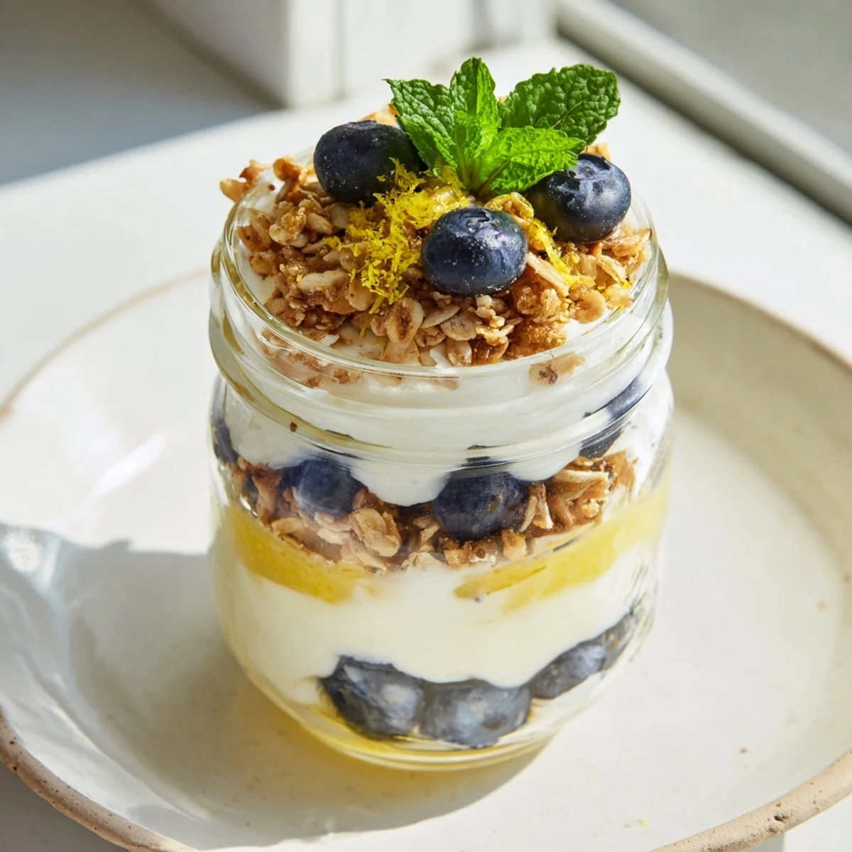 Sunlit Lemon Blueberry Yogurt Parfait in a mason jar shows textured granola, juicy blueberries, and smooth lemon yogurt layers.