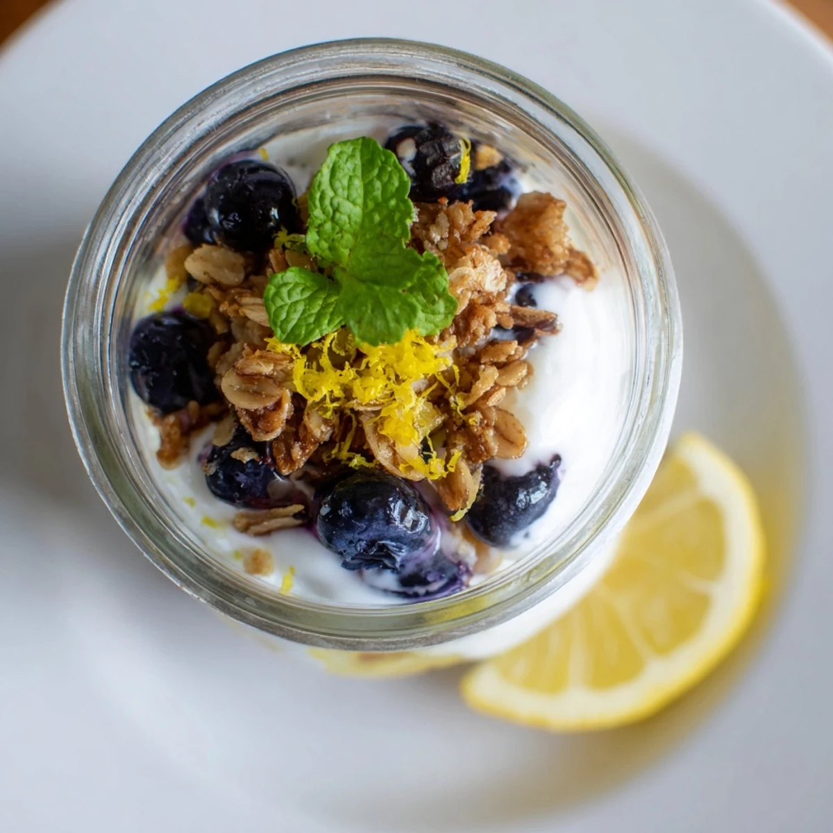 A layered glass of Lemon Blueberry Yogurt Parfait with creamy yogurt, fresh blueberries, and crunchy granola, topped with mint.