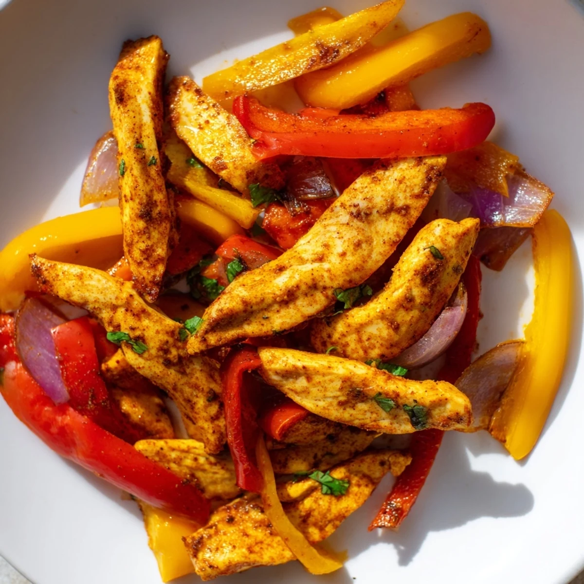 Golden-brown Sheet Pan Chicken Fajitas with Onions roasted with colorful bell peppers, garnished with fresh cilantro and lime wedges for serving.