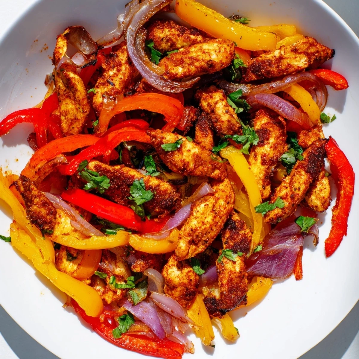Sizzling Sheet Pan Chicken Fajitas with Onions fresh from the oven, served warm with soft tortillas, sour cream, and guacamole toppings.