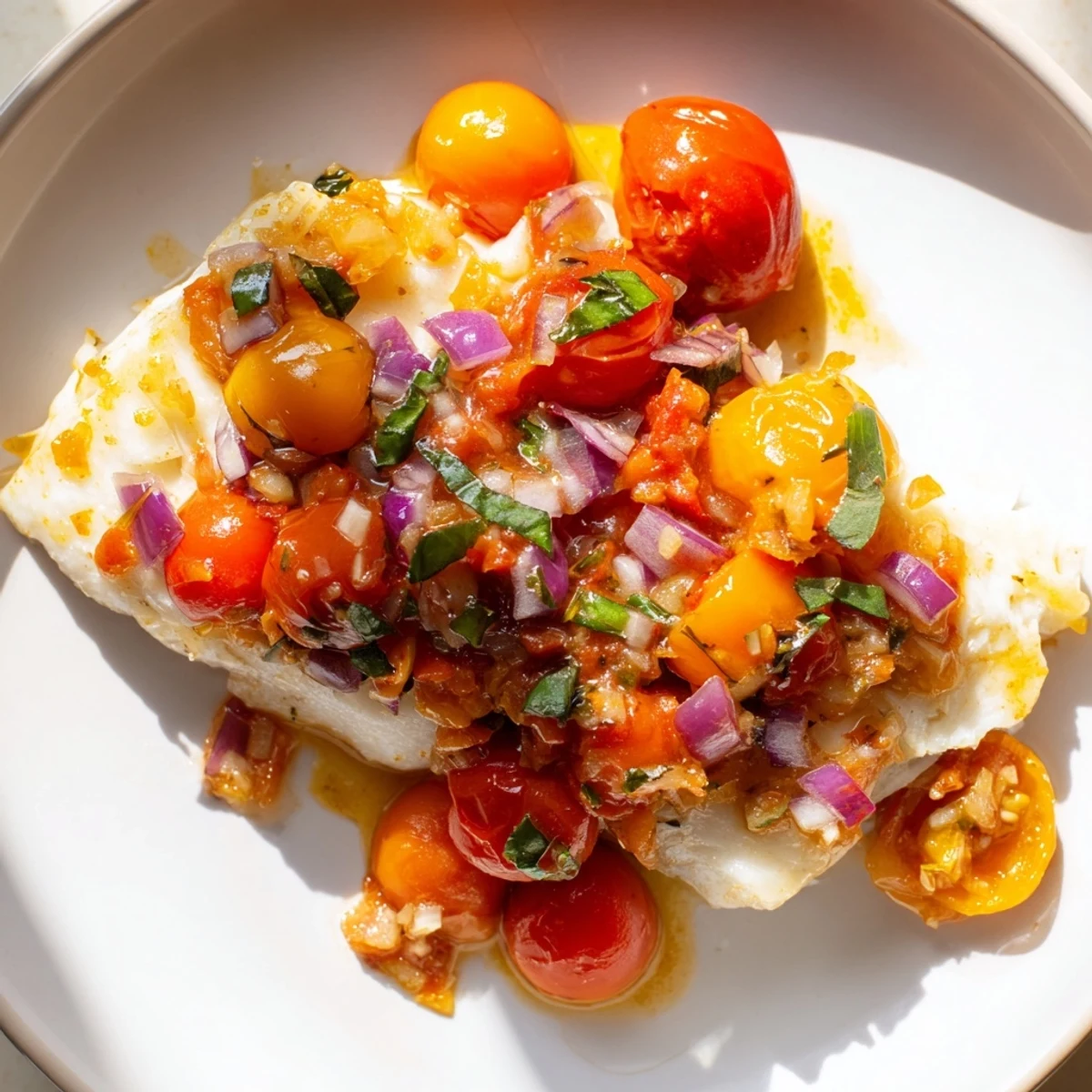 A close-up of tender baked halibut with juicy cherry tomatoes, red onion, and fresh basil relish.