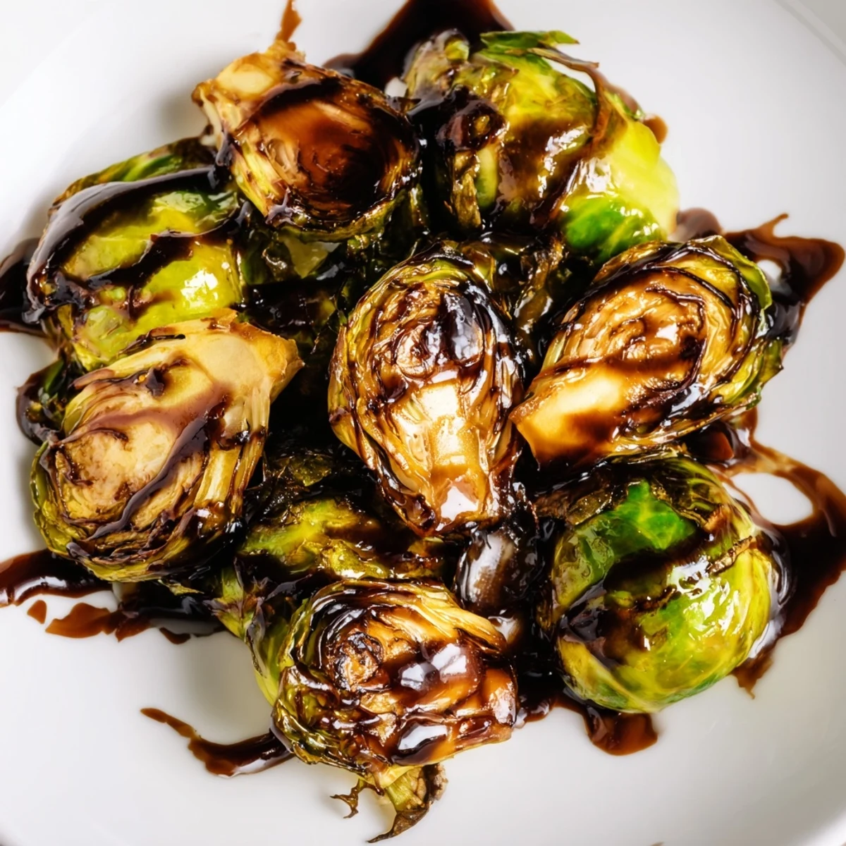 A close-up of roasted Brussels sprouts with balsamic glaze, showing golden-brown caramelized edges and a glossy, dark drizzle.