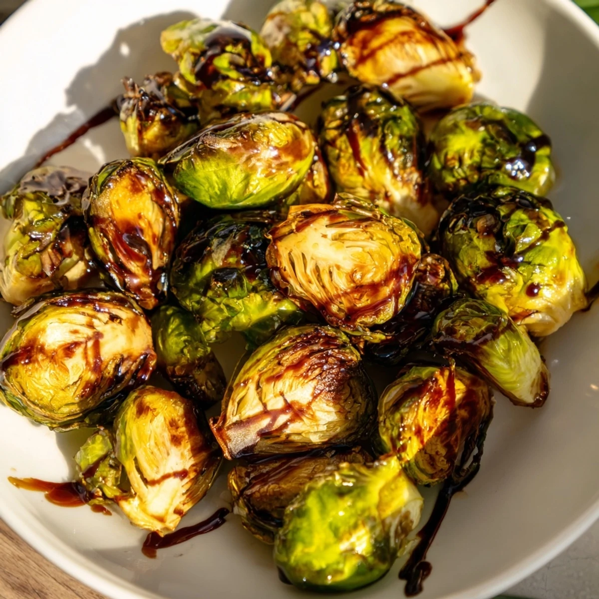 Tender roasted Brussels sprouts with balsamic glaze, garnished with a light sprinkle of seasoning for an easy vegetarian side.