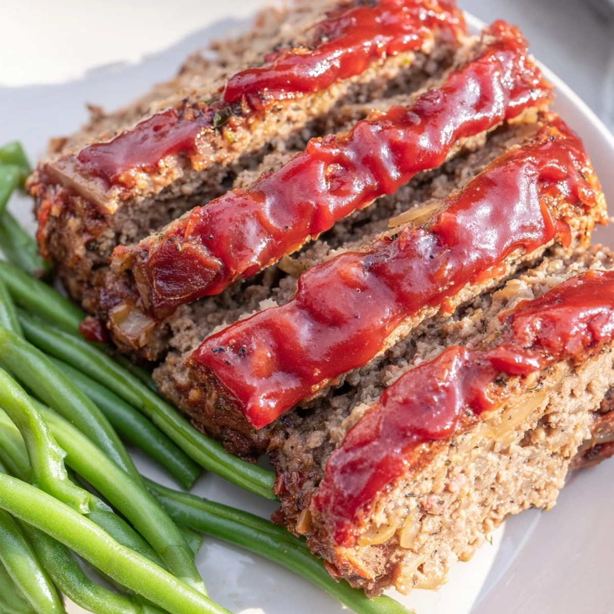 Golden-brown turkey meatloaf with tangy glaze on a serving platter beside crisp-tender green beans, lemon wedges, and fresh parsley.