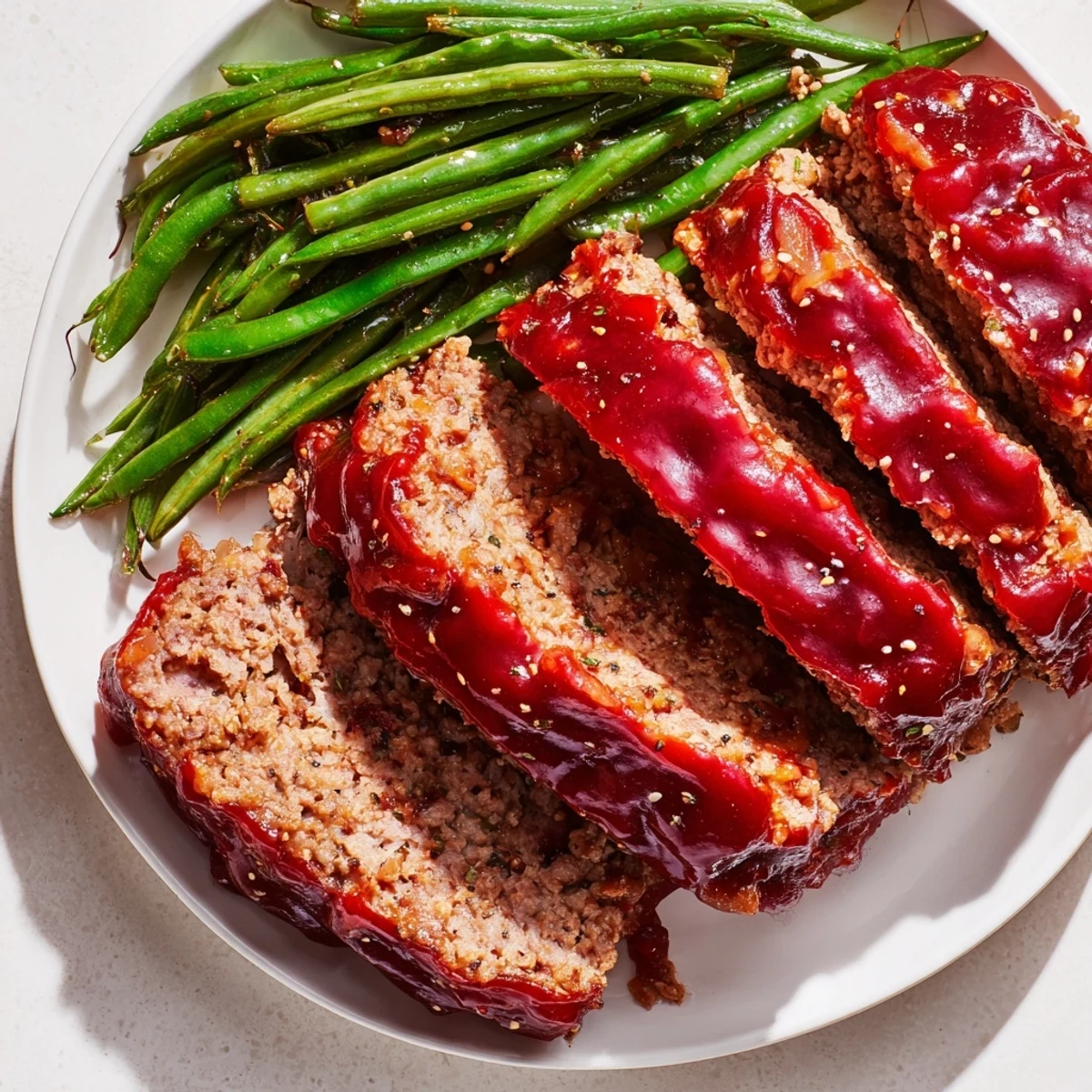 Homemade turkey meatloaf with sticky glaze and roasted green beans on a white plate, perfect for a wholesome weeknight dinner.