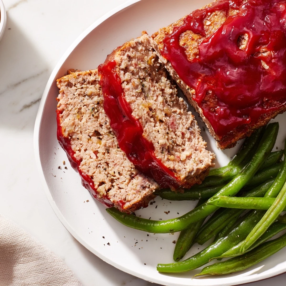 Freshly baked turkey meatloaf with a caramelized glaze, served with olive-oil tossed green beans and lemon wedges for garnish.