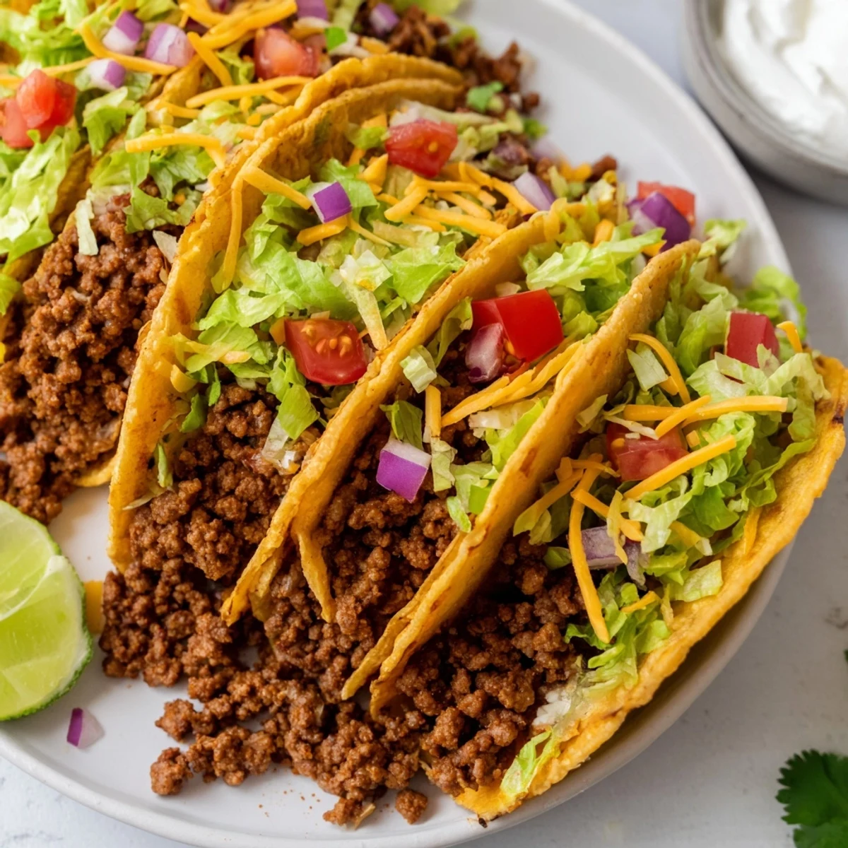 Beef Tacos with Homemade Taco Seasoning are garnished with cilantro and onions, ready for a squeeze of fresh lime wedges.