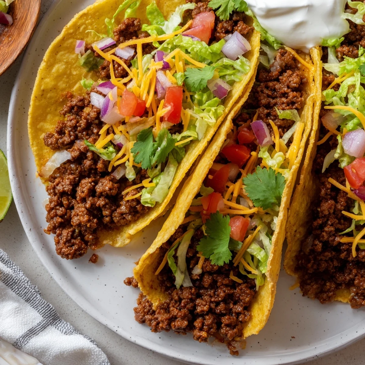 Freshly made Beef Tacos with Homemade Taco Seasoning, loaded with juicy ground beef and crisp toppings like lettuce and cheese.