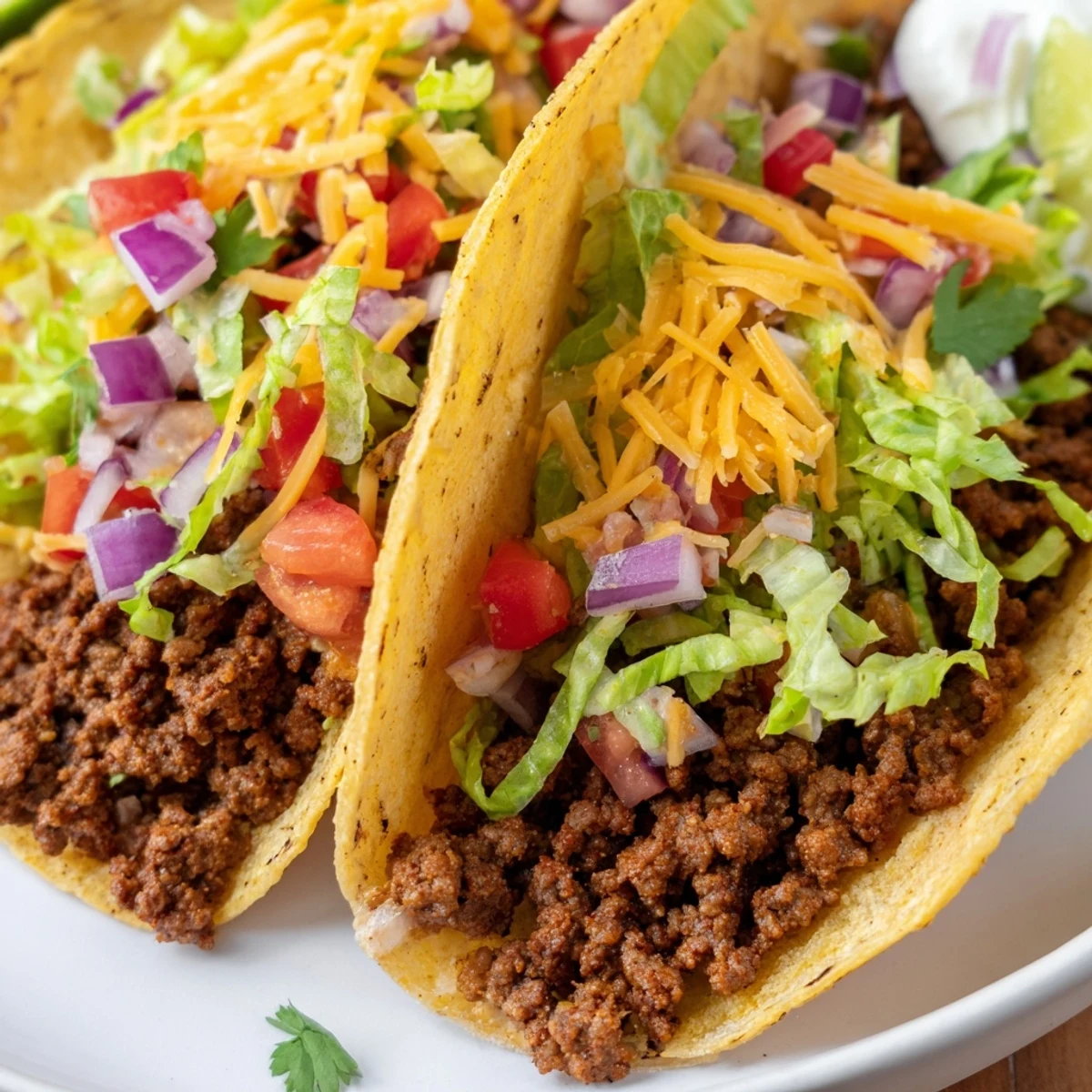 A close-up of warm tortillas filled with seasoned beef, tomatoes, and shredded cheese for Beef Tacos with Homemade Taco Seasoning.