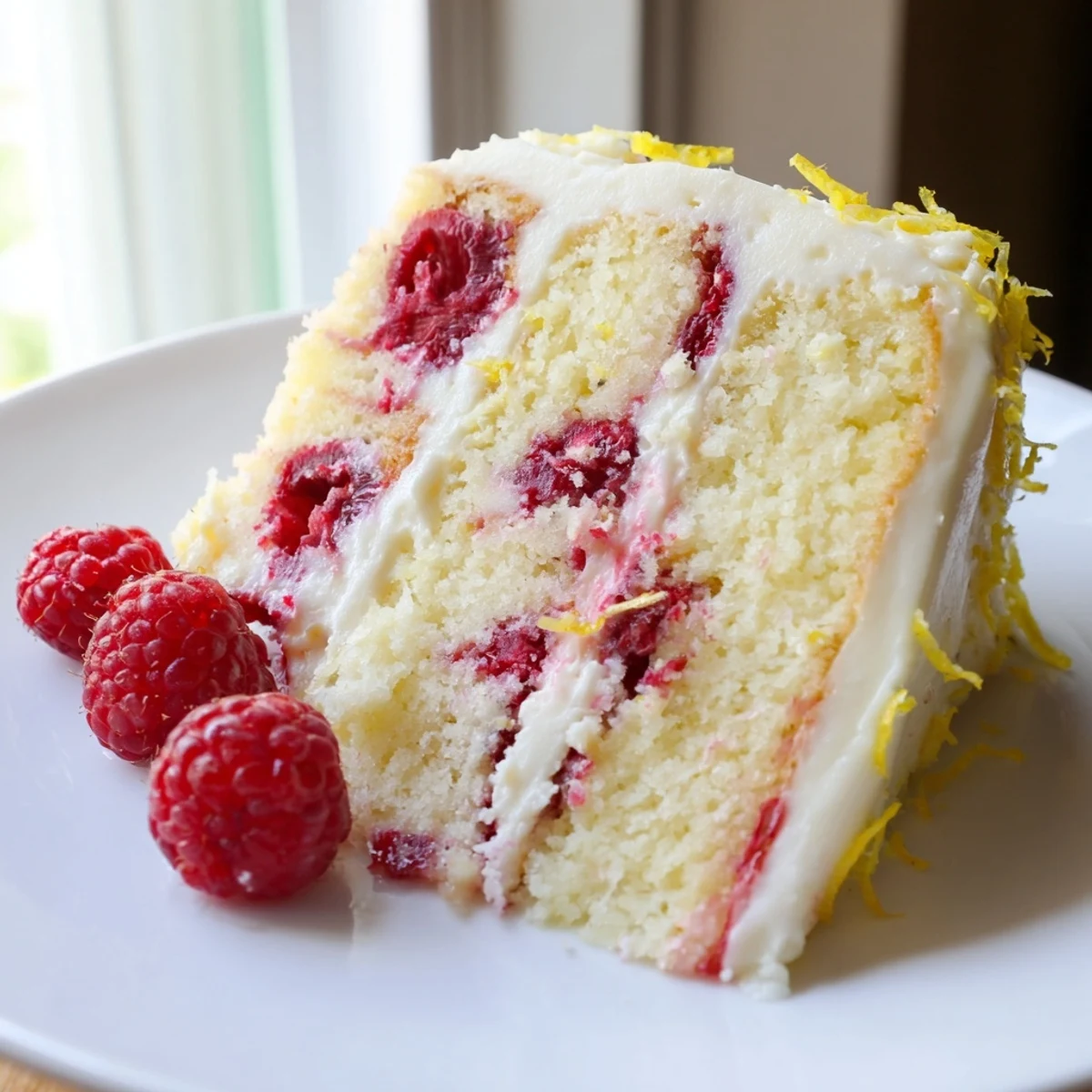Lemon Raspberry Layer Cake with Frosting on a stand, garnished with fresh raspberries and lemon zest.