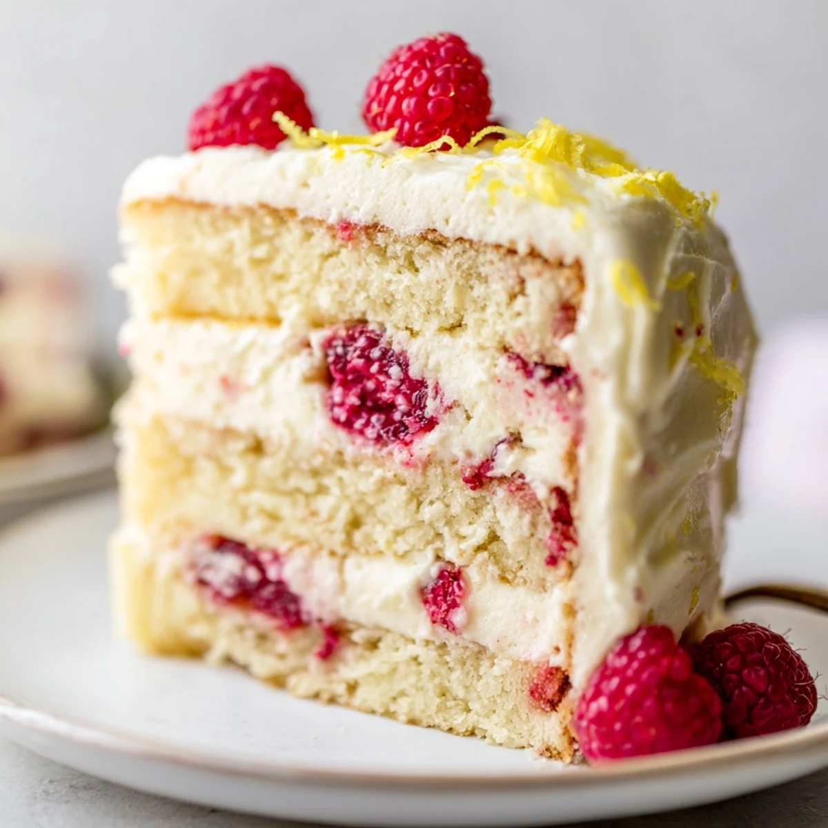 Homemade Lemon Raspberry Layer Cake with Frosting sliced, revealing berry-filled layers on a rustic table.