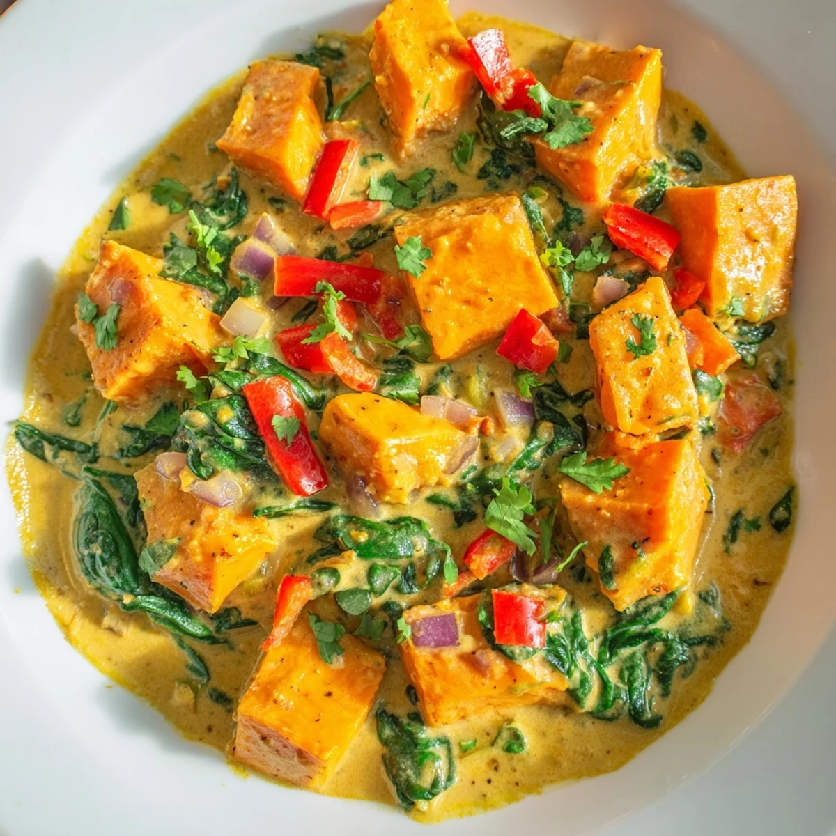 A bowl of creamy Vegan Sweet Potato Curry with Spinach, served hot alongside fluffy basmati rice and fresh cilantro garnish.