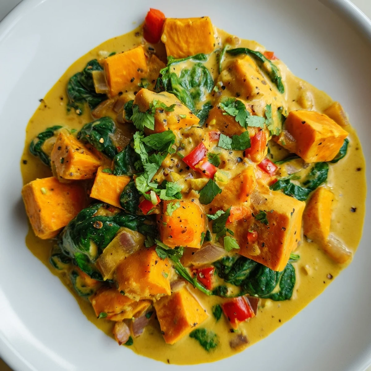 Vibrant Vegan Sweet Potato Curry with Spinach simmering in a pot, with tender sweet potato cubes and wilted spinach in coconut sauce.