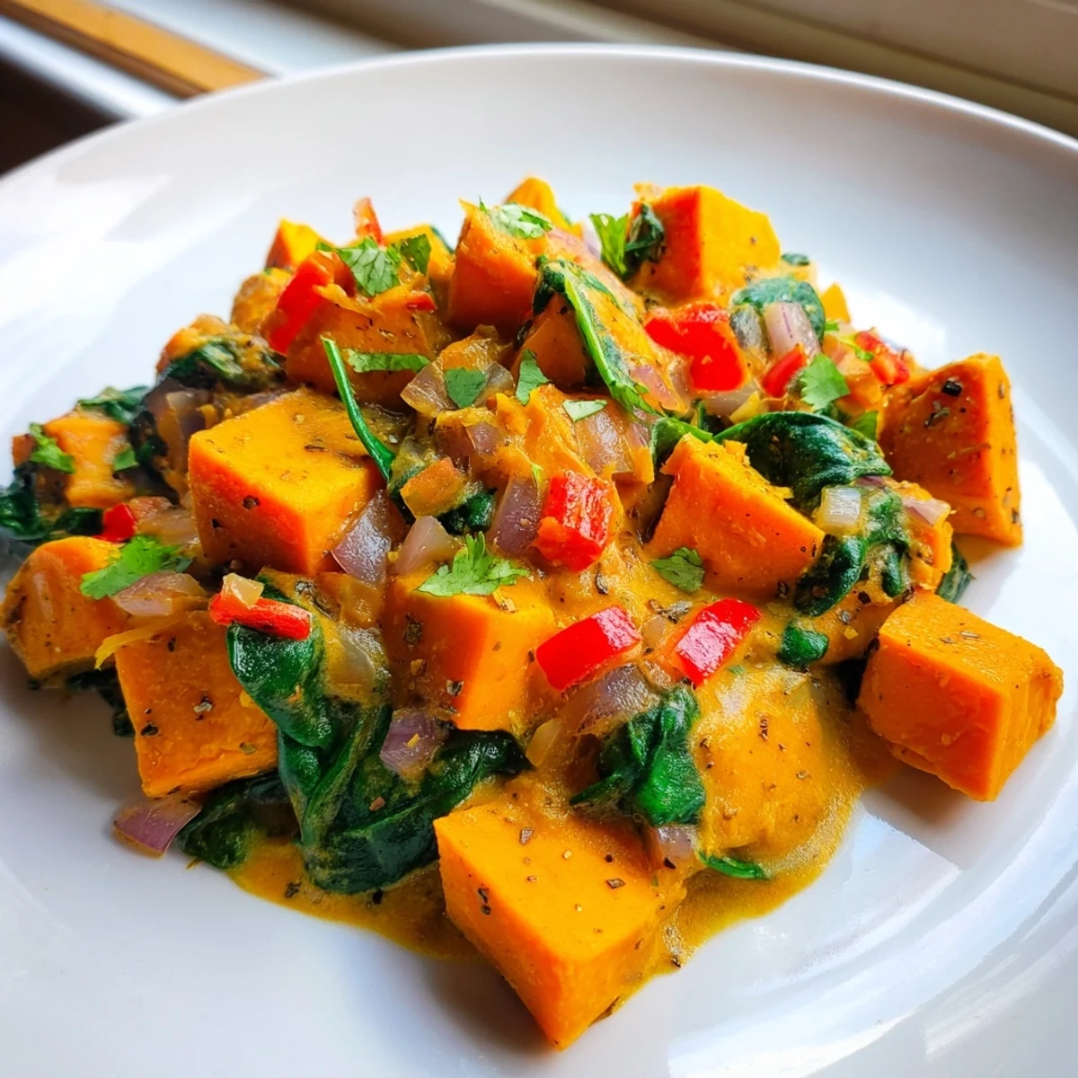 Healthy Vegan Sweet Potato Curry with Spinach in a white bowl, ready to serve with warm naan and a squeeze of lime.