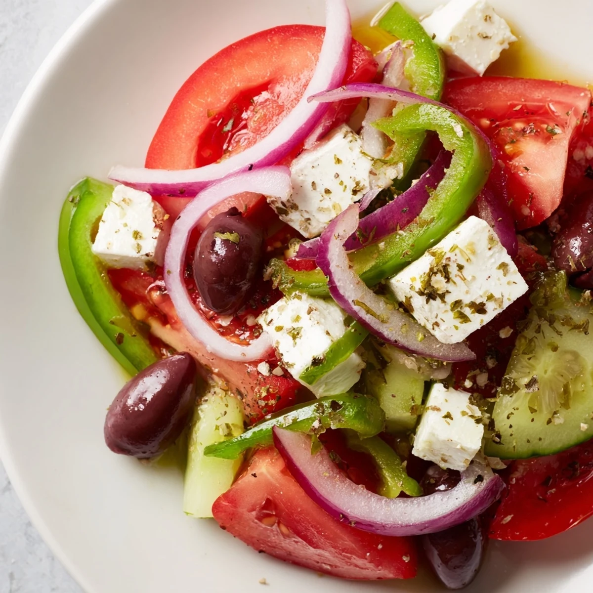 Freshly tossed Greek Salad with Kalamata olives and feta, featuring crisp cucumbers and ripe tomatoes served in a white bowl.
