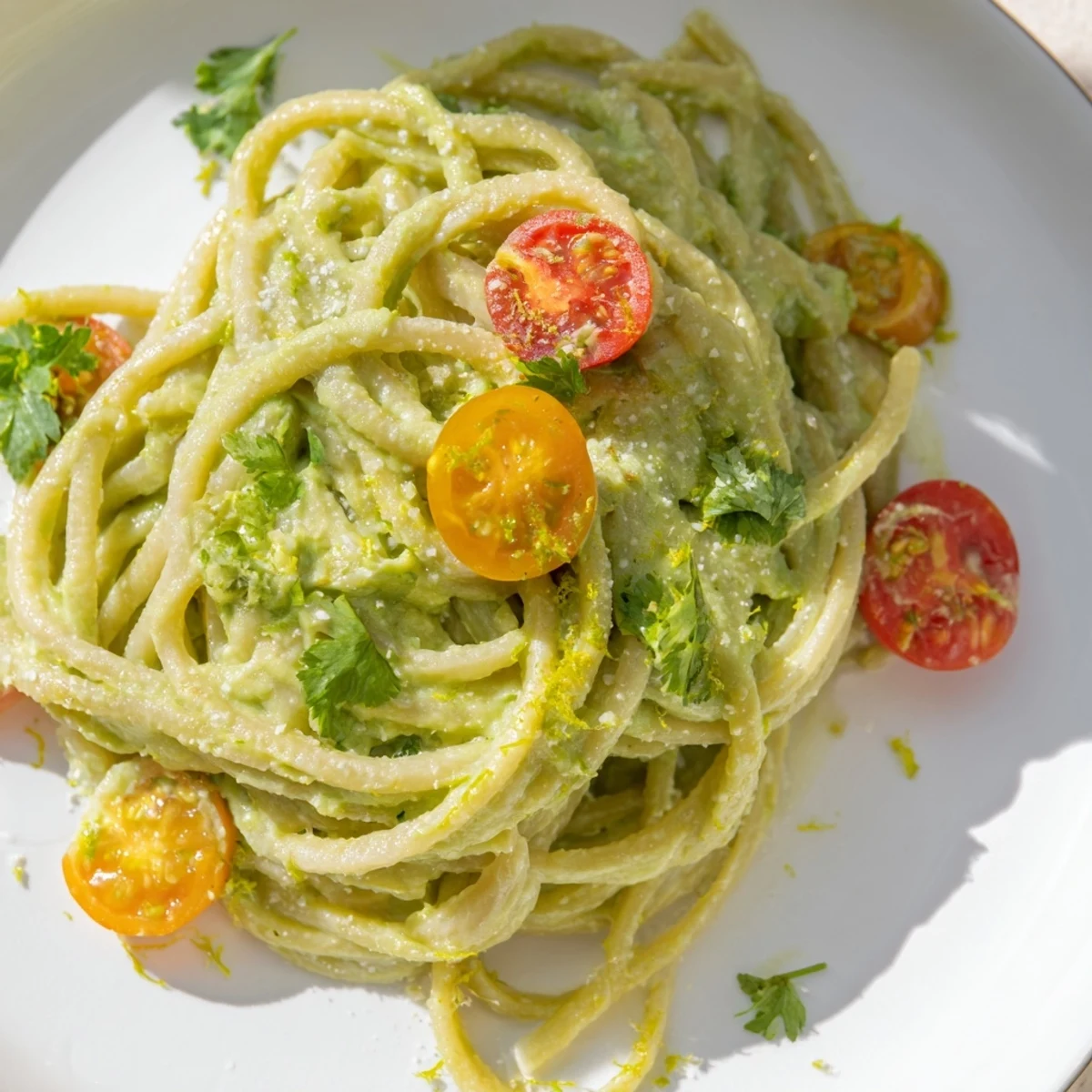 Creamy Avocado Lime Pasta with Cherry Tomatoes served in a white bowl, garnished with fresh cilantro and lime zest for a bright, fresh look.