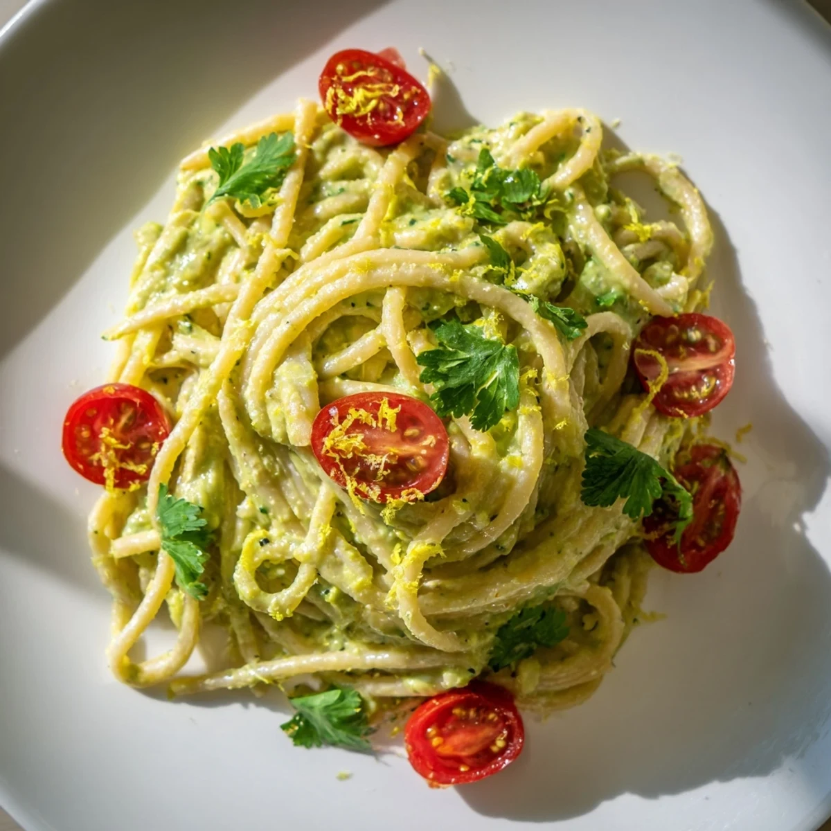 Close-up of a vibrant, creamy pasta dish featuring ripe avocado, zesty lime, and juicy cherry tomatoes, perfect for a quick weeknight meal.