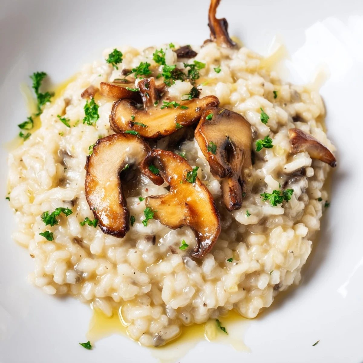Golden mushroom risotto with truffle oil served in a rustic skillet, steam rising and fresh parsley sprinkled on top.