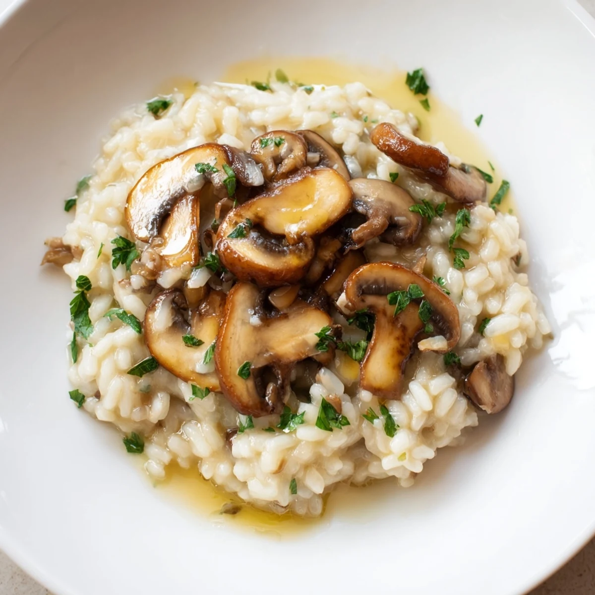 A close-up of creamy Mushroom Risotto with Truffle Oil in a white bowl, garnished with fresh parsley and shaved Parmesan.
