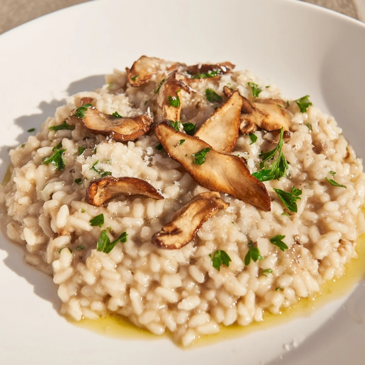 Plate of Mushroom Risotto with Truffle Oil, featuring plump cremini mushrooms and a delicate drizzle of truffle oil.
