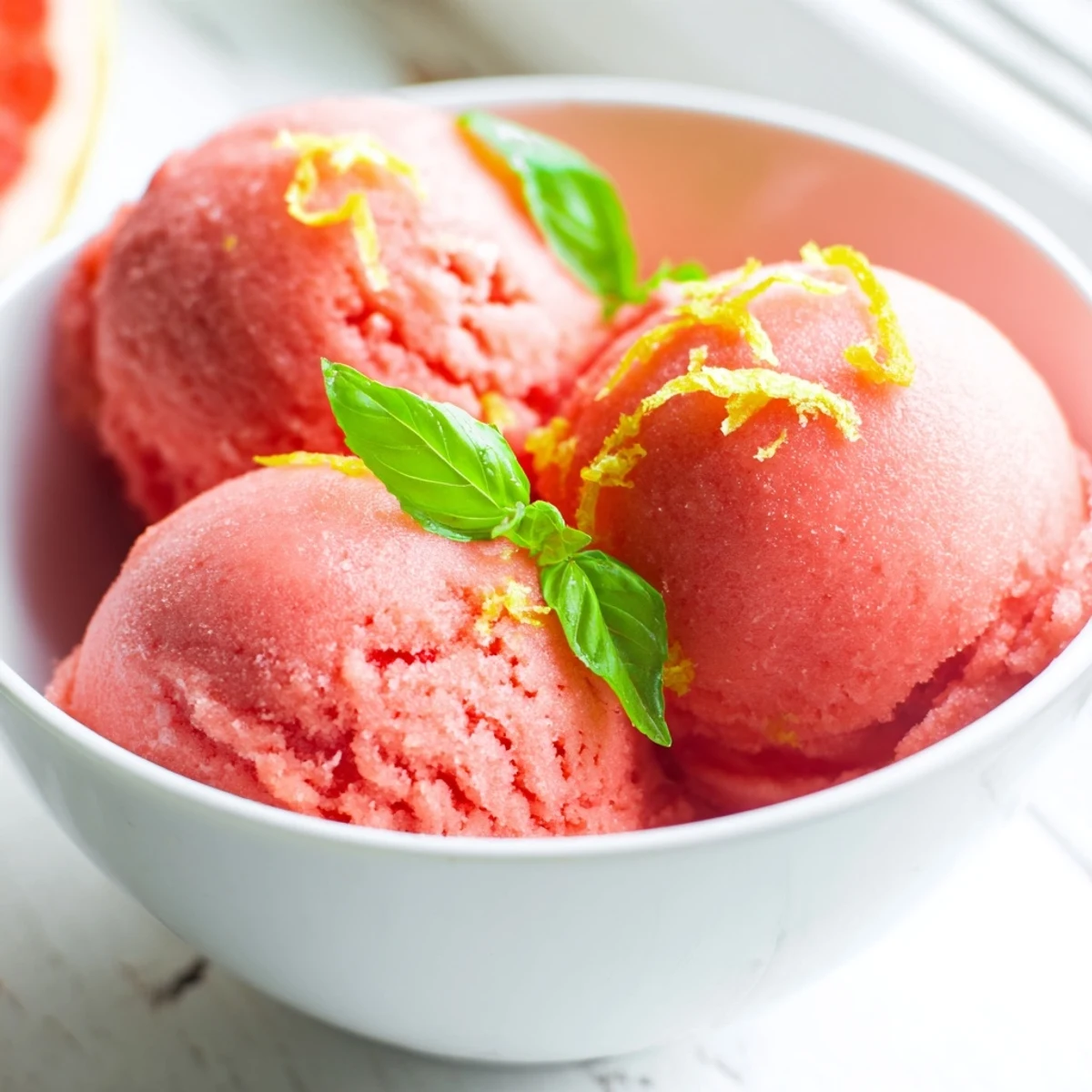 Scoops of Pink Grapefruit Sorbet with Basil in a bowl, ready to serve with sparkling rosé and grapefruit segments nearby.