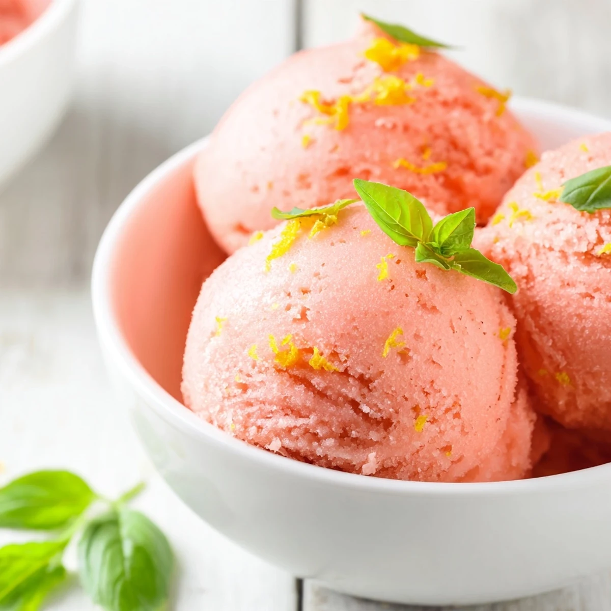 Bright pink sorbet scoops show a smooth, icy texture and vibrant color, garnished with basil on a clean serving platter.