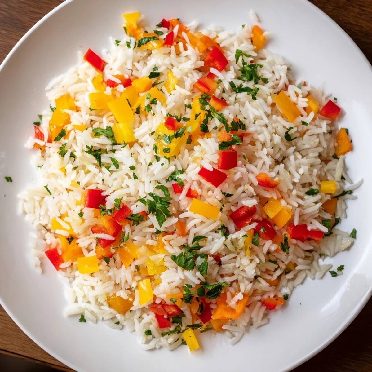 Aromatic Rice Pilaf with Peppers and Onions featuring fluffy grains and colorful sautéed vegetables.