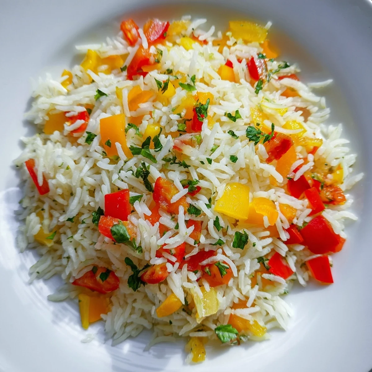A warm bowl of Rice Pilaf with Peppers and Onions served alongside grilled chicken for a hearty meal.