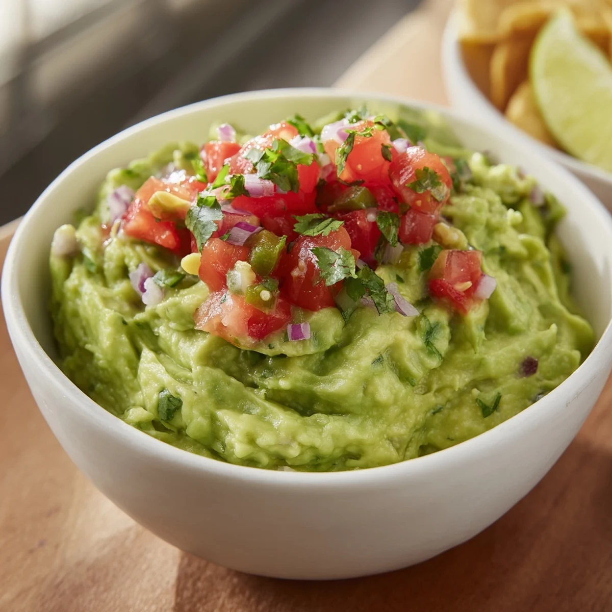Guacamole with Chunky Pico de Gallo in a rustic bowl, topped with fresh pico and served with crispy tortilla chips for dipping.