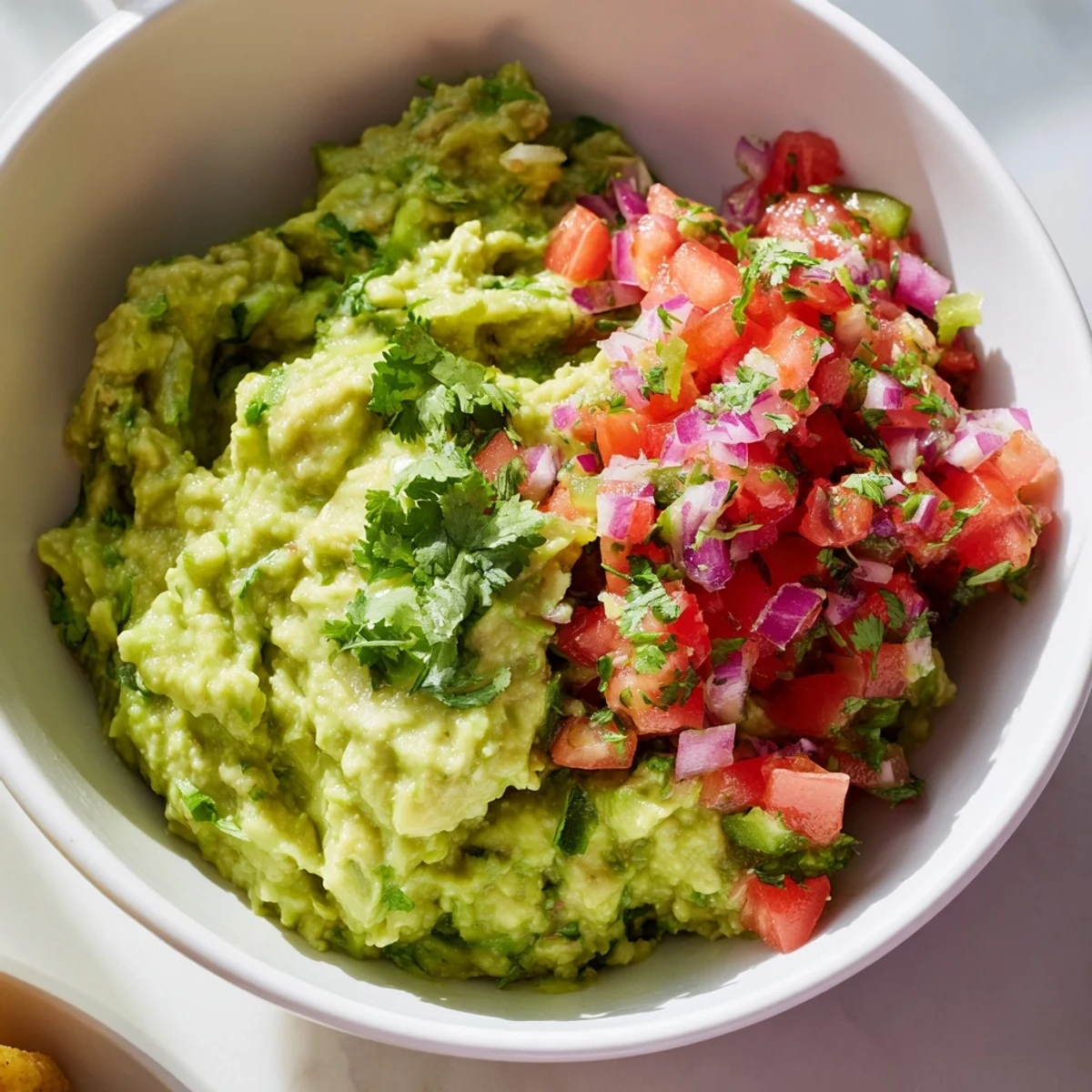 A vibrant bowl of Guacamole with Chunky Pico de Gallo, featuring creamy avocado mounds loaded with diced tomatoes, red onion, and cilantro.