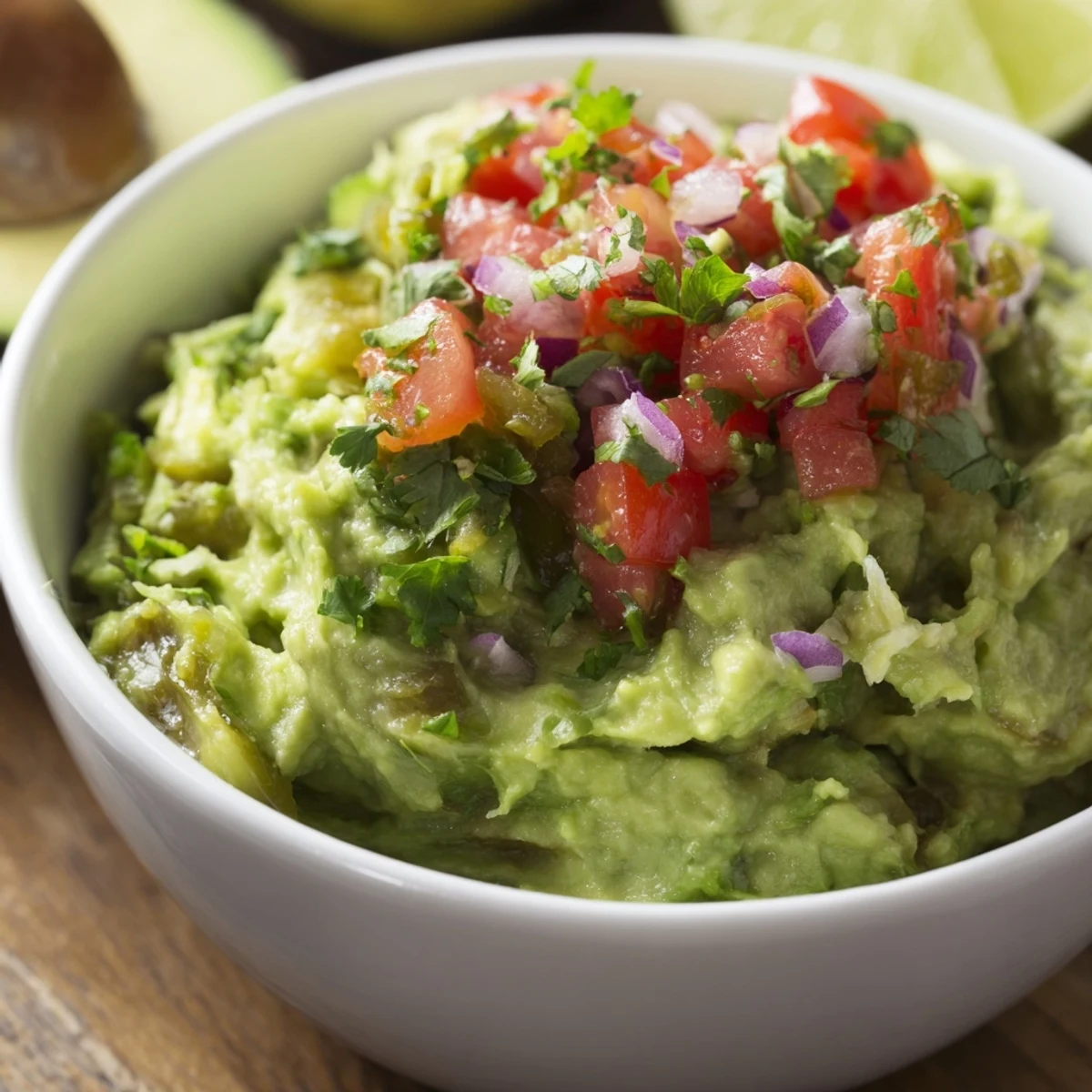 Overhead view of Guacamole with Chunky Pico de Gallo, served as a party appetizer with lime wedges and colorful veggie sticks on the side.