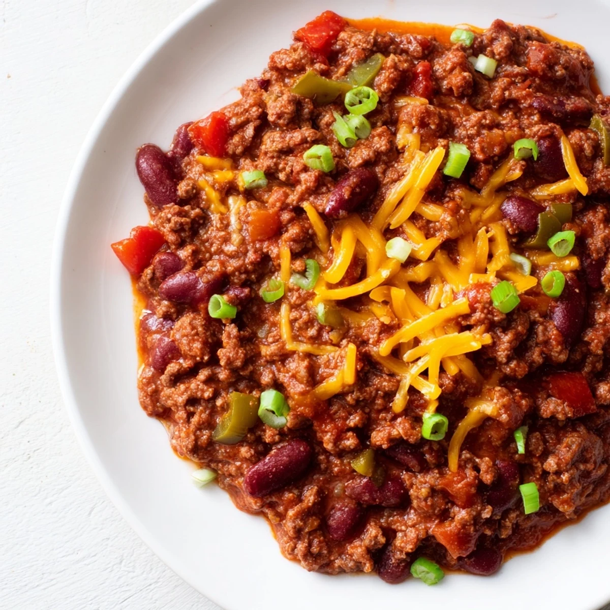 Steaming bowl of hearty Beef Chili with Kidney Beans, topped with sour cream, cheese, and fresh cilantro.